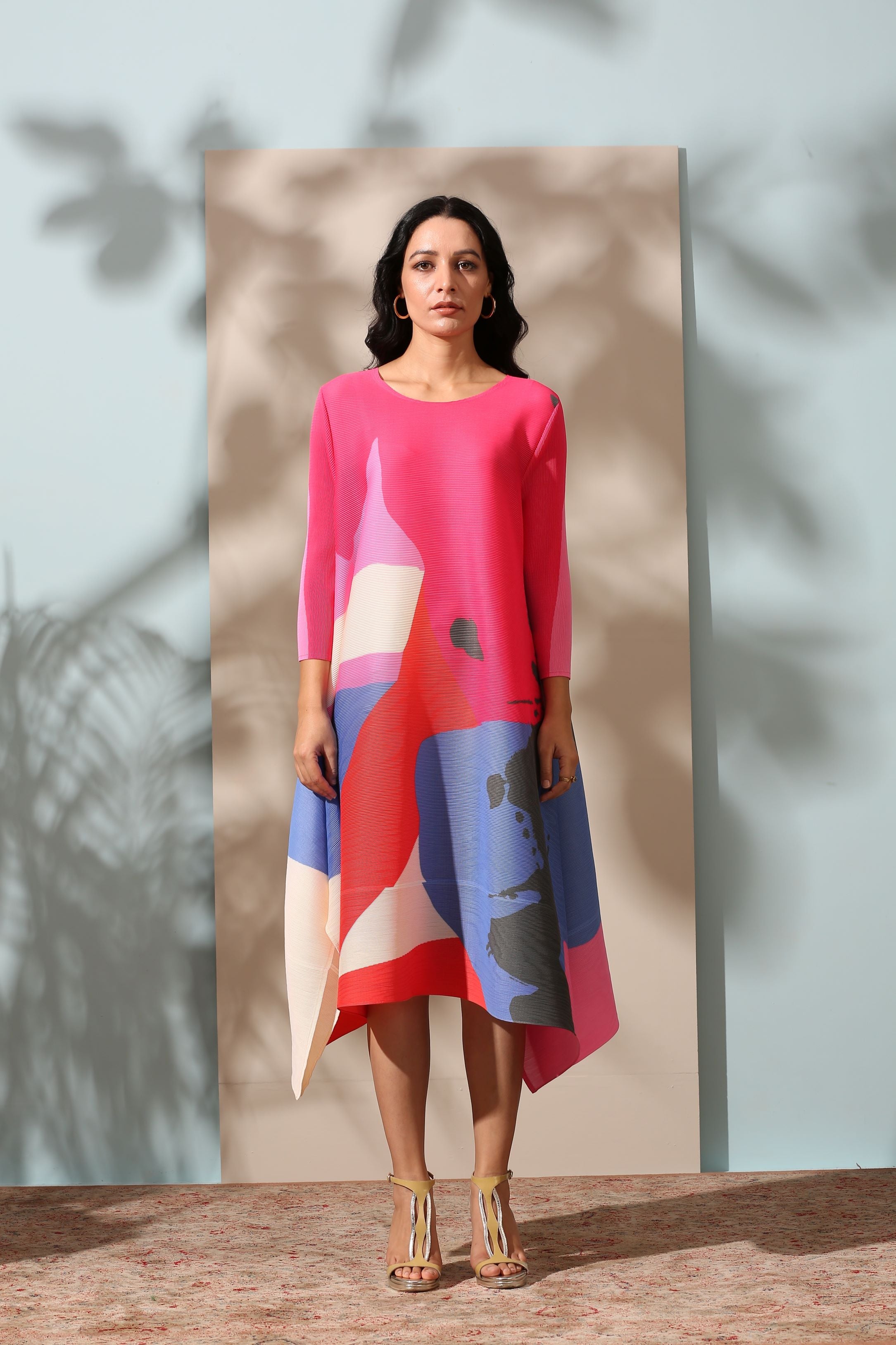 RED SPLASH PRINT PLEATED DRESS