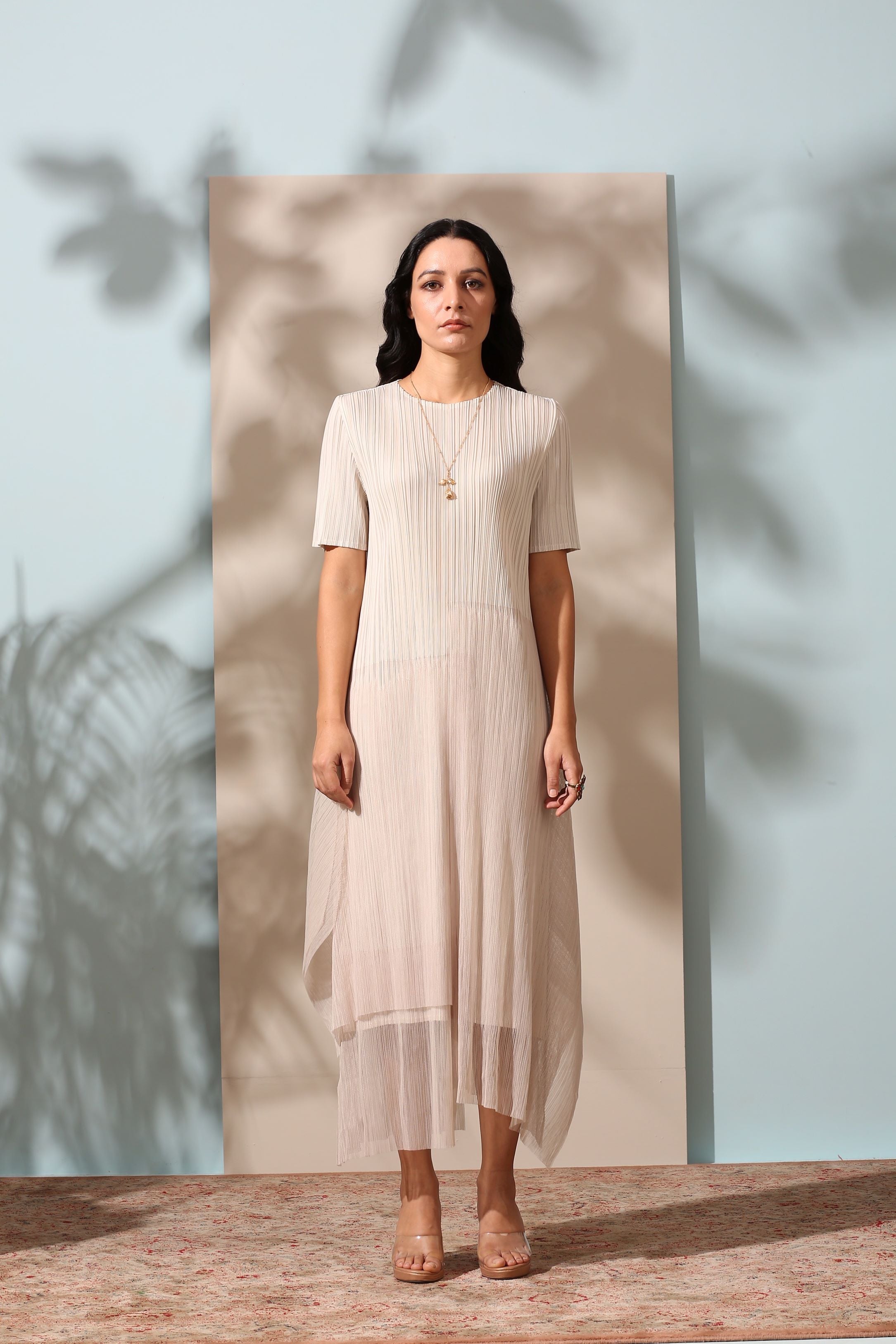 BEIGE PLEATS DRESS WITH ORGANDY DETAILING
