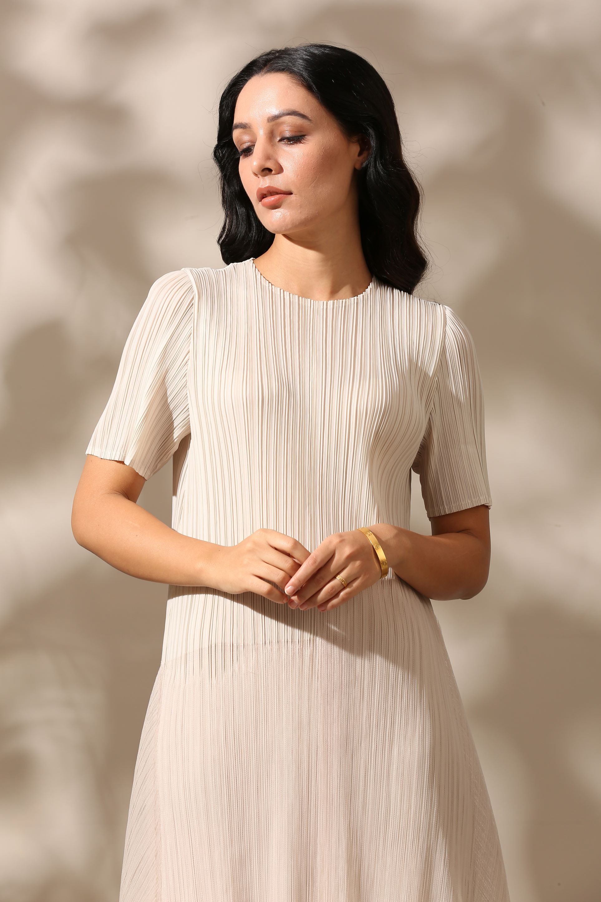 BEIGE PLEATS DRESS WITH ORGANDY DETAILING
