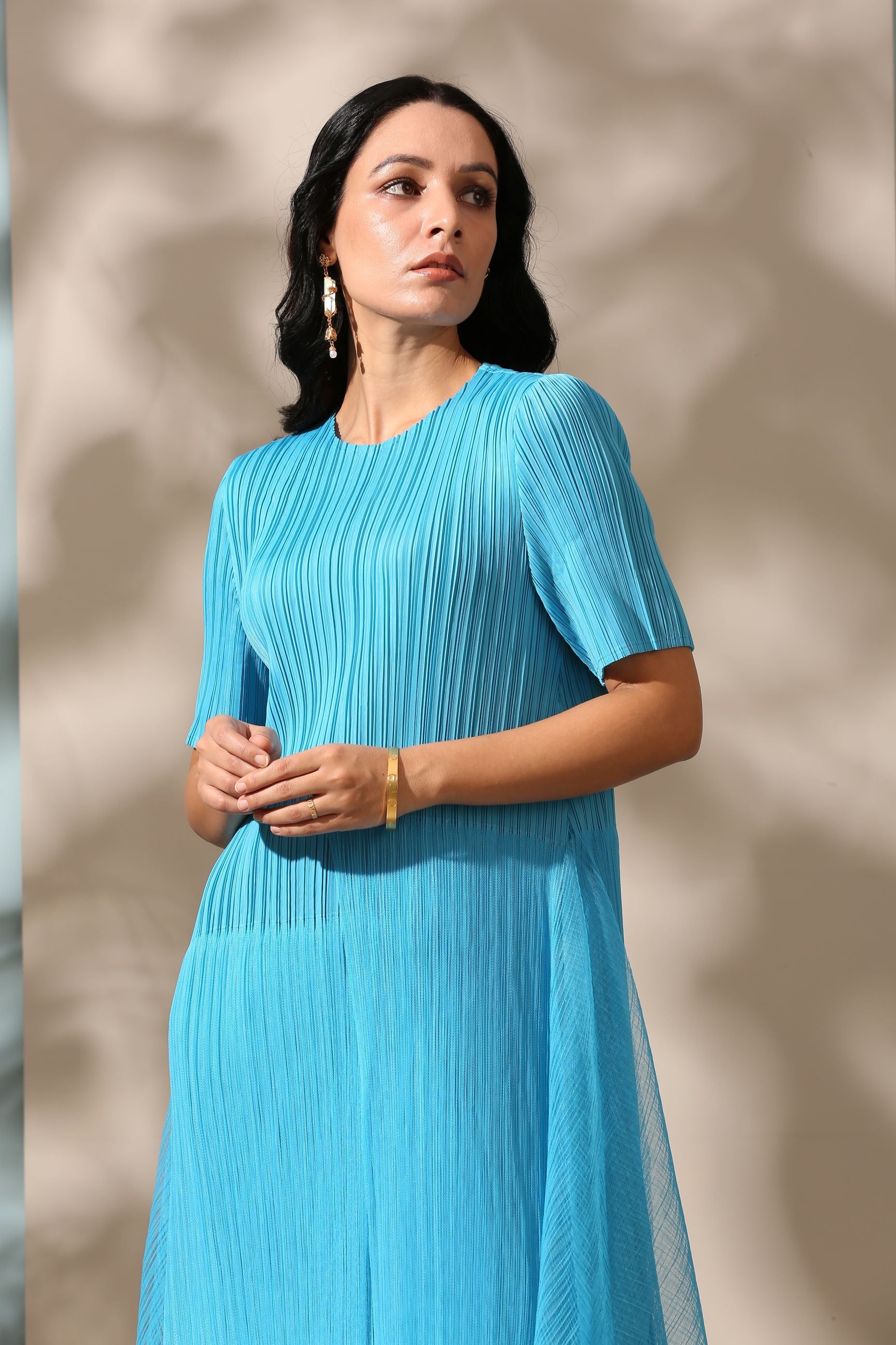 SKY BLUE PLEATS DRESS WITH ORGANDY DETAILING