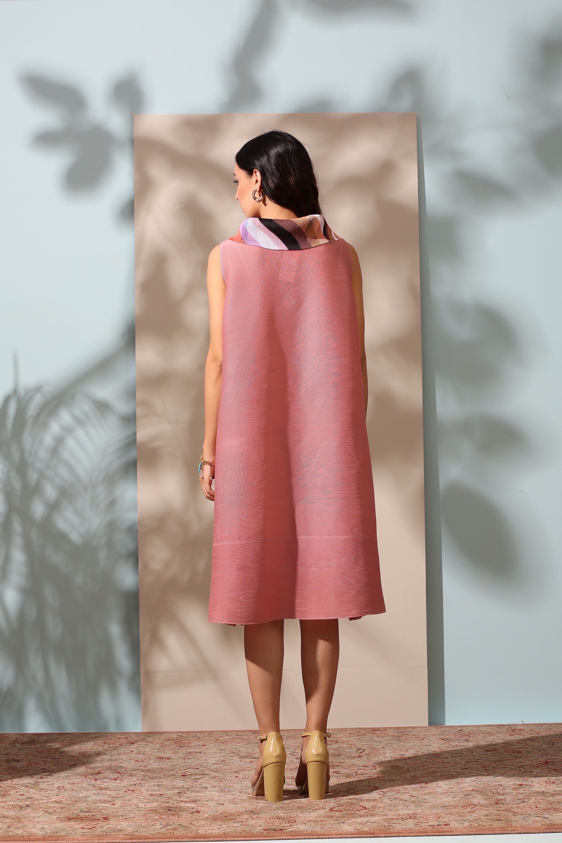 PINK PRINTED SCARF NECK DRESS