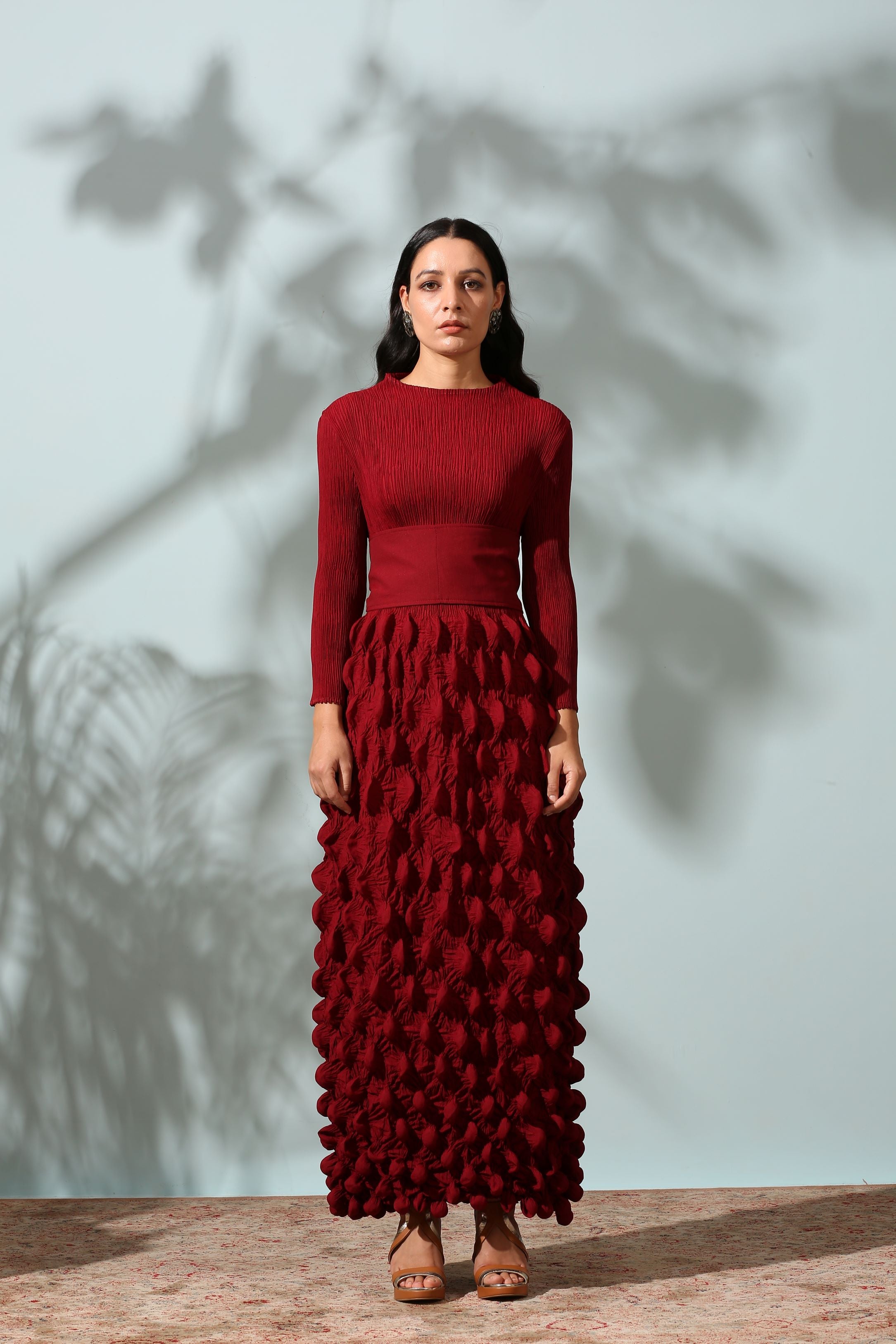 MAROON CRUSHED DRESS WITH BELT