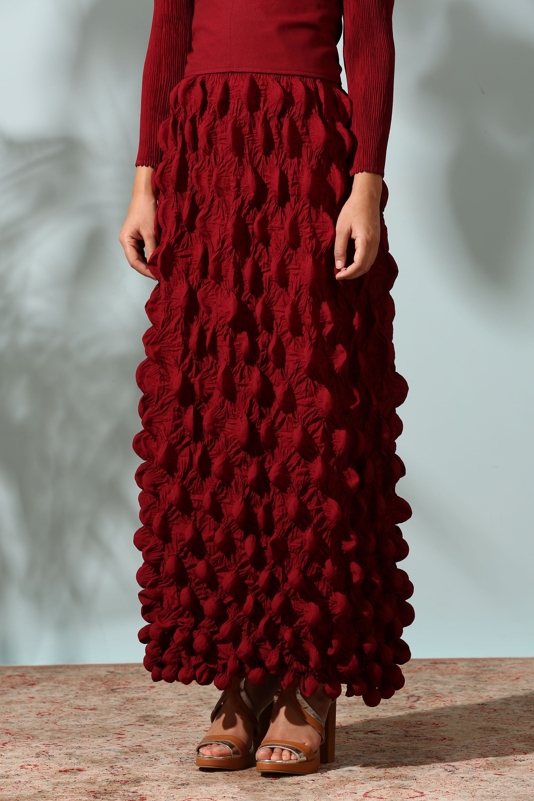MAROON CRUSHED DRESS WITH BELT