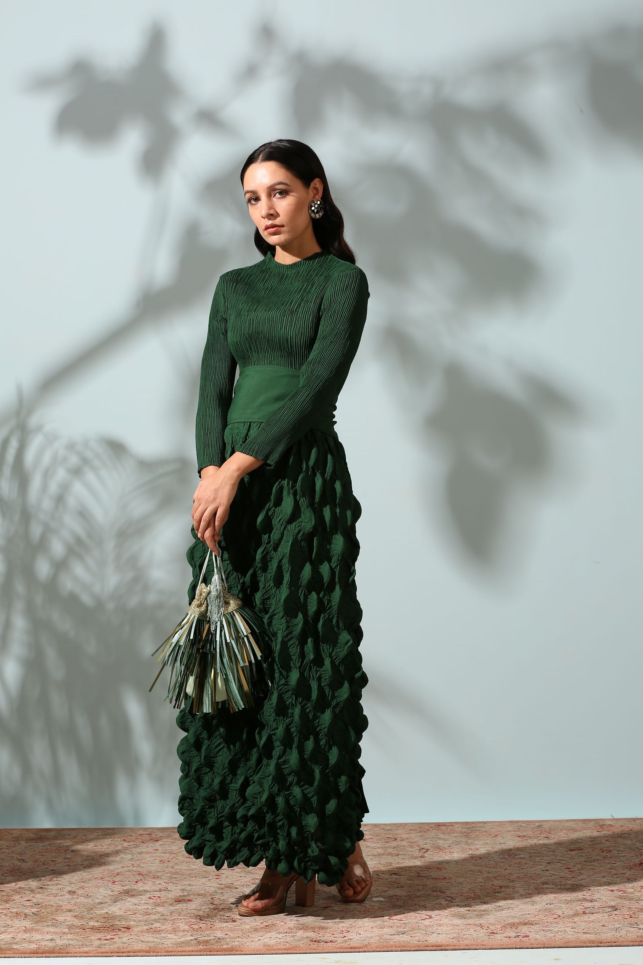 GREEN CRUSHED DRESS WITH BELT
