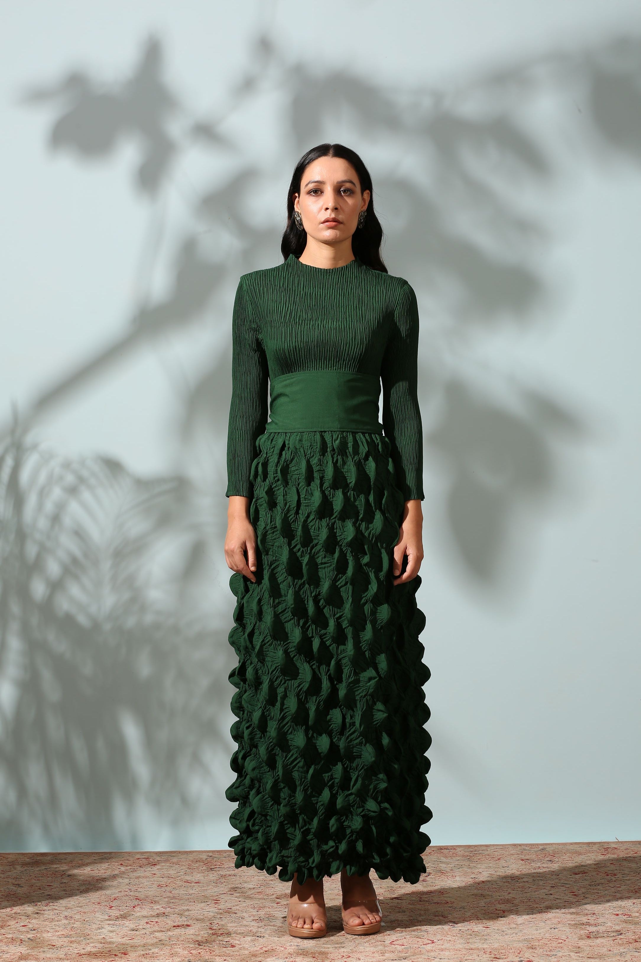 GREEN CRUSHED DRESS WITH BELT