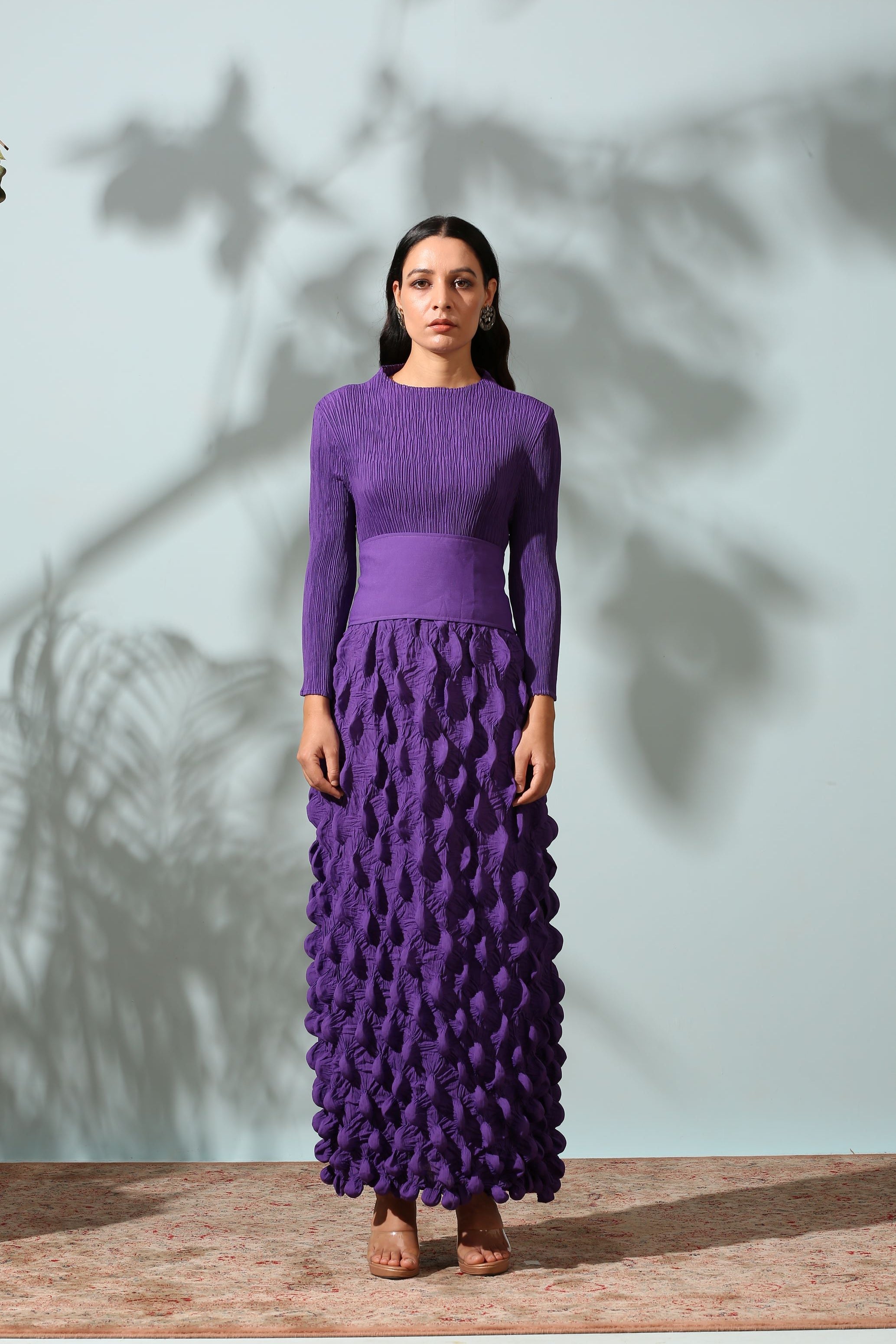 PURPLE CRUSHED DRESS WITH BELT