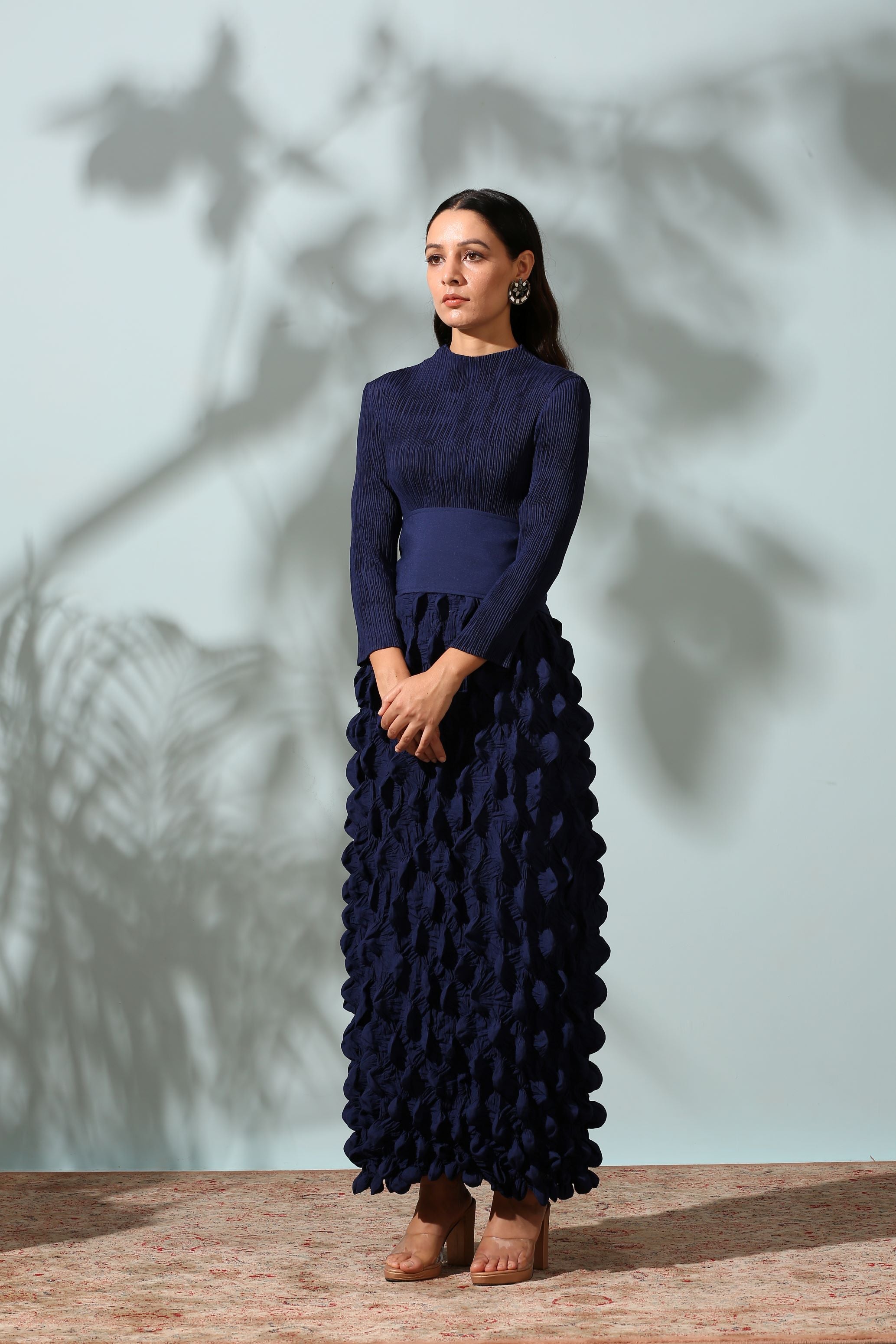 BLUE CRUSHED DRESS WITH BELT