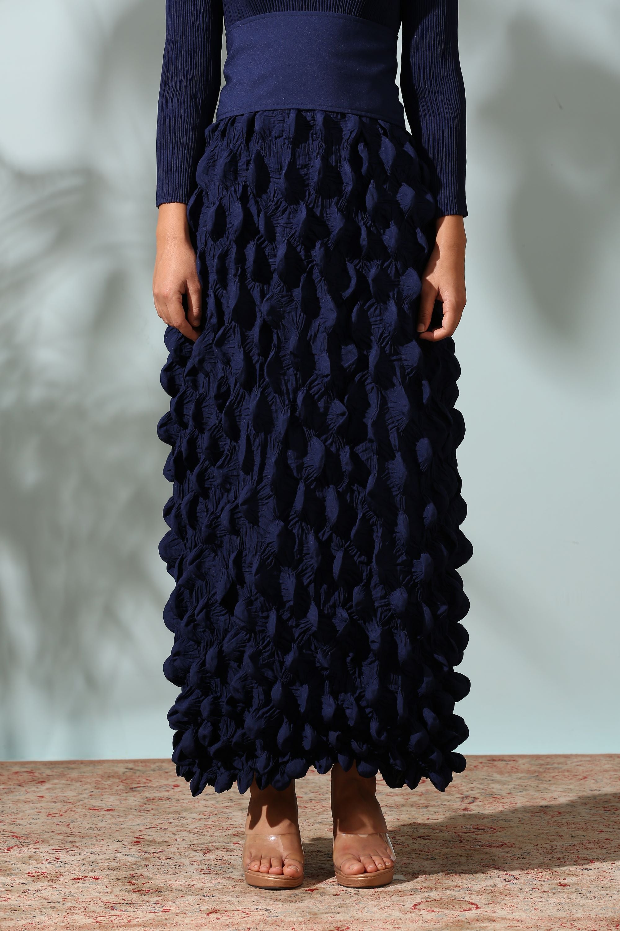 BLUE CRUSHED DRESS WITH BELT