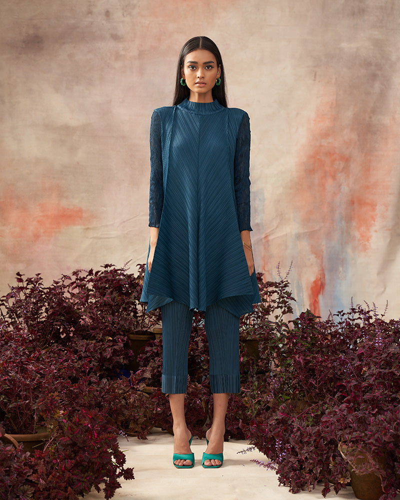 BOTTLE GREEN CRUSHED SLEEVES KURTI SET