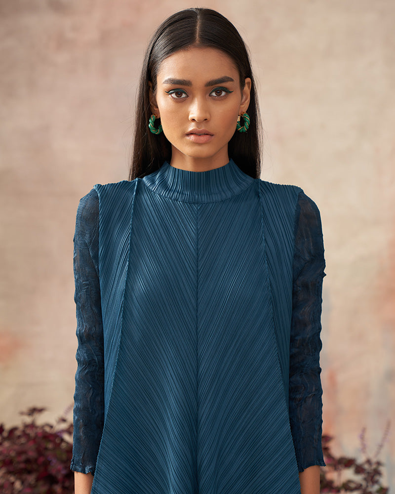 BOTTLE GREEN CRUSHED SLEEVES KURTI SET