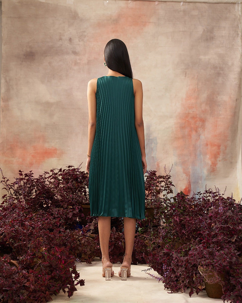 BOTTLE GREEN V NECK PLEATED DRESS
