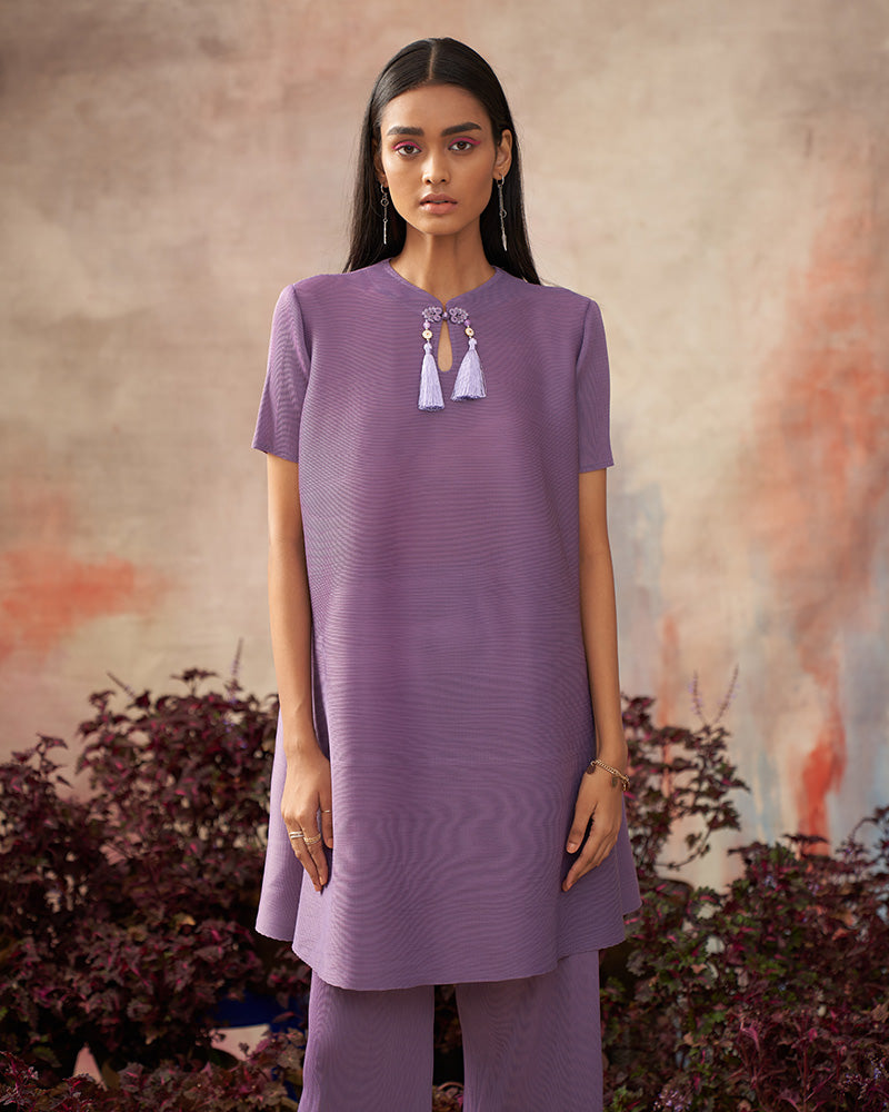 PURPLE MANDARIN TASSEL KURTI SET