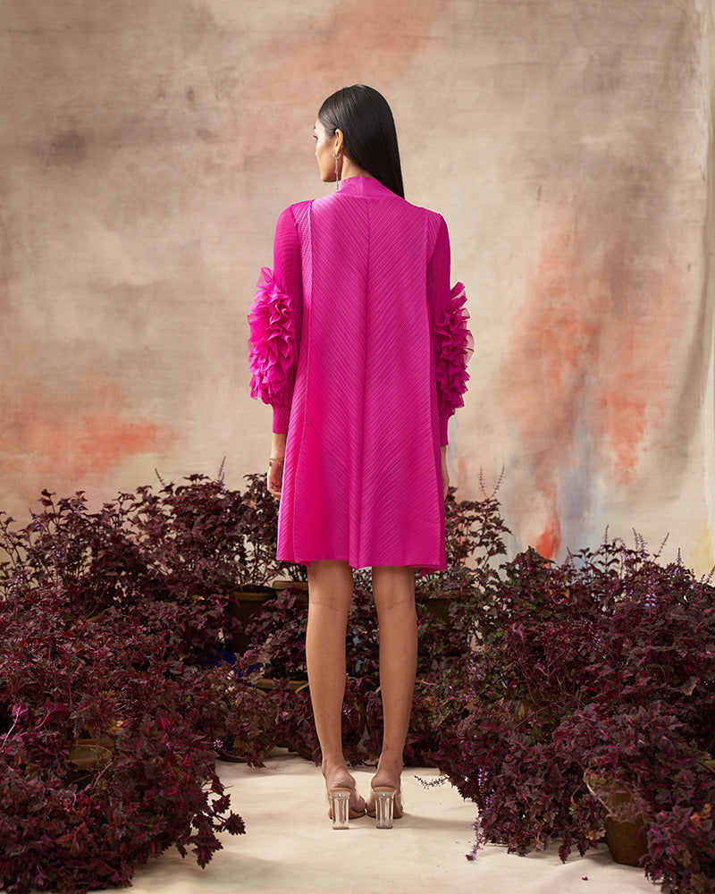 FUSCIA FLOWER SLEEVES PLEAT DRESS