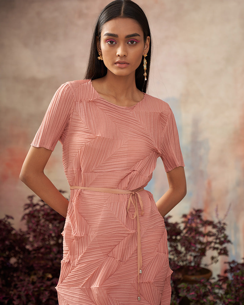 PEACH CRUSHED TEXTURED DRESS