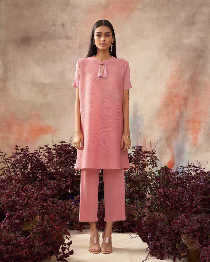 PINK MANDARIN TASSEL KURTI SET