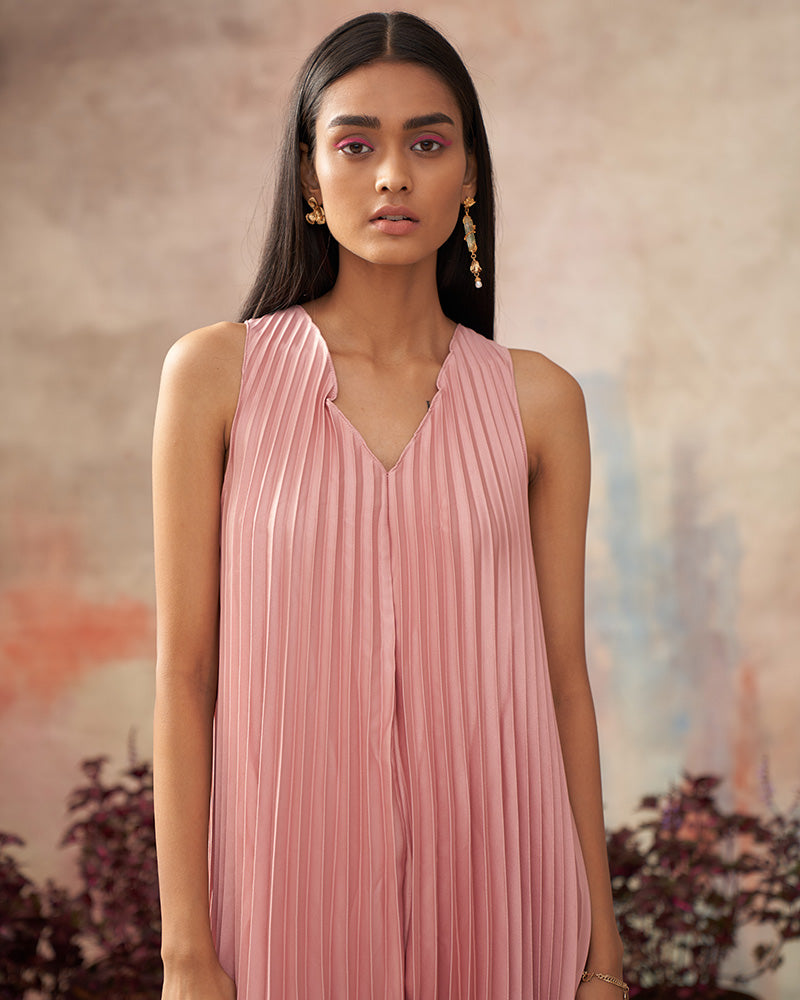 PINK V NECK PLEATED DRESS