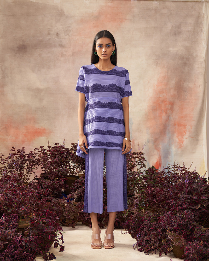 PURPLE FLOWER PRINT PLEATED COORD SET