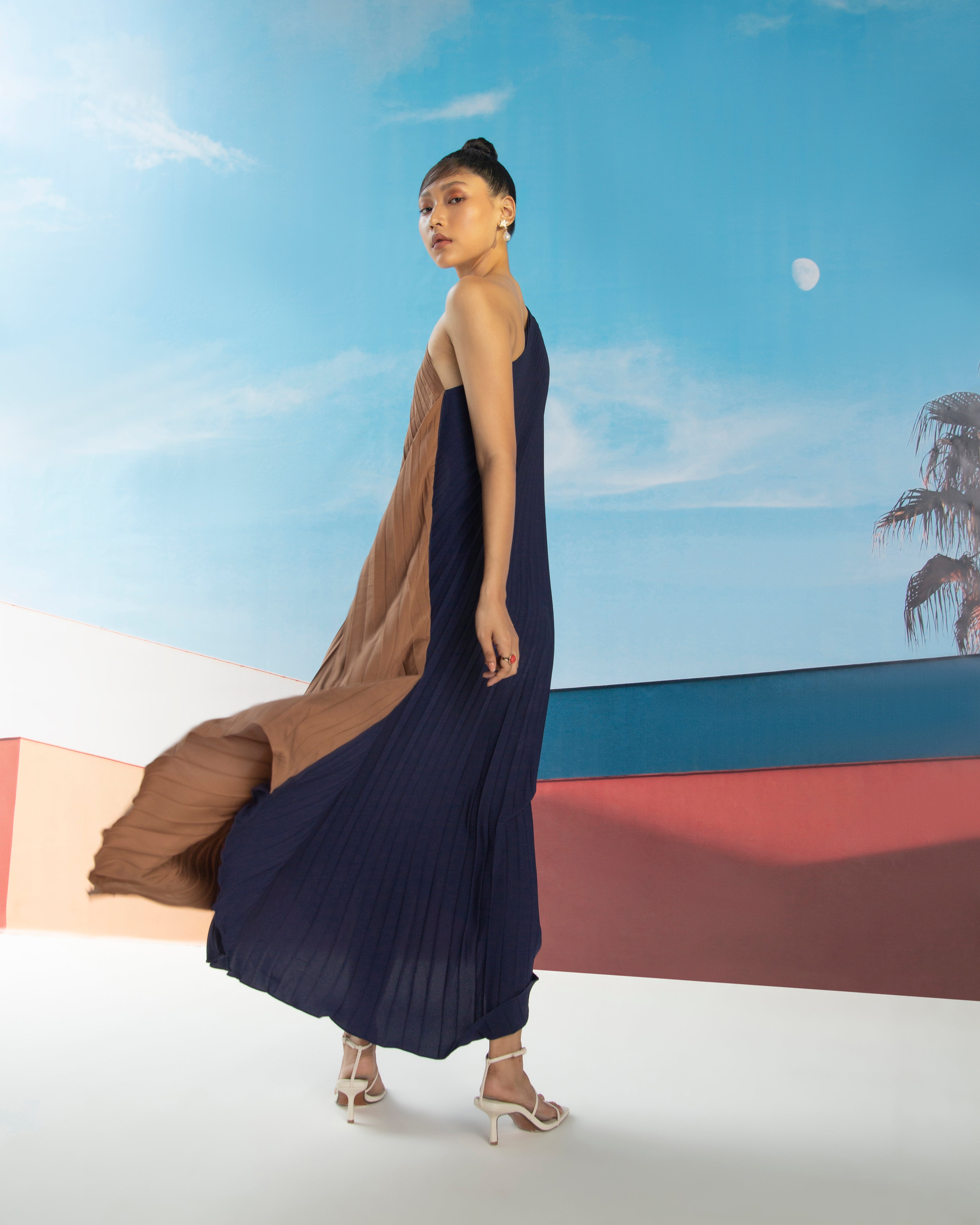 BLUE BROWN RING PLEATED DRESS