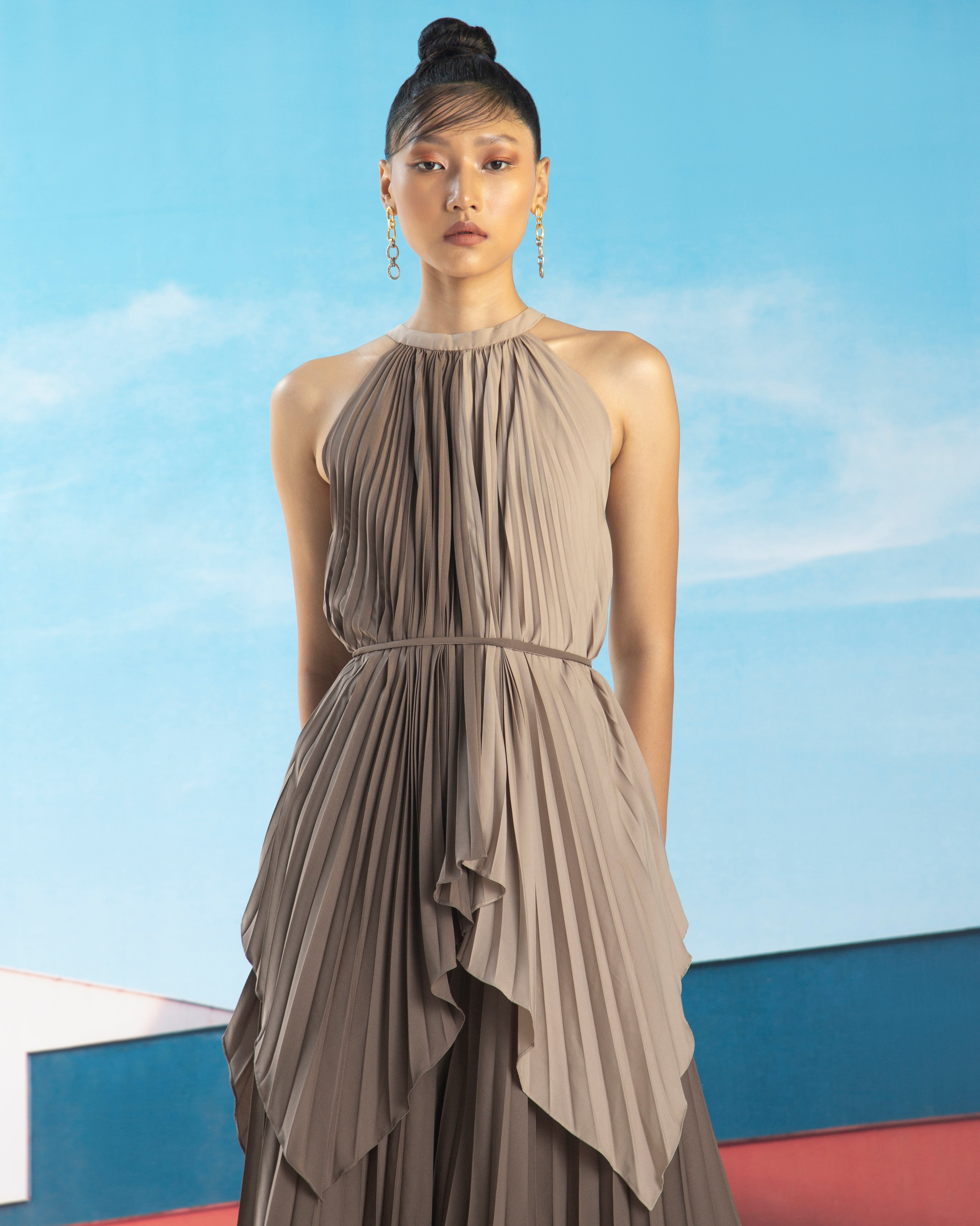 BROWN BEIGE PLEATED TOP