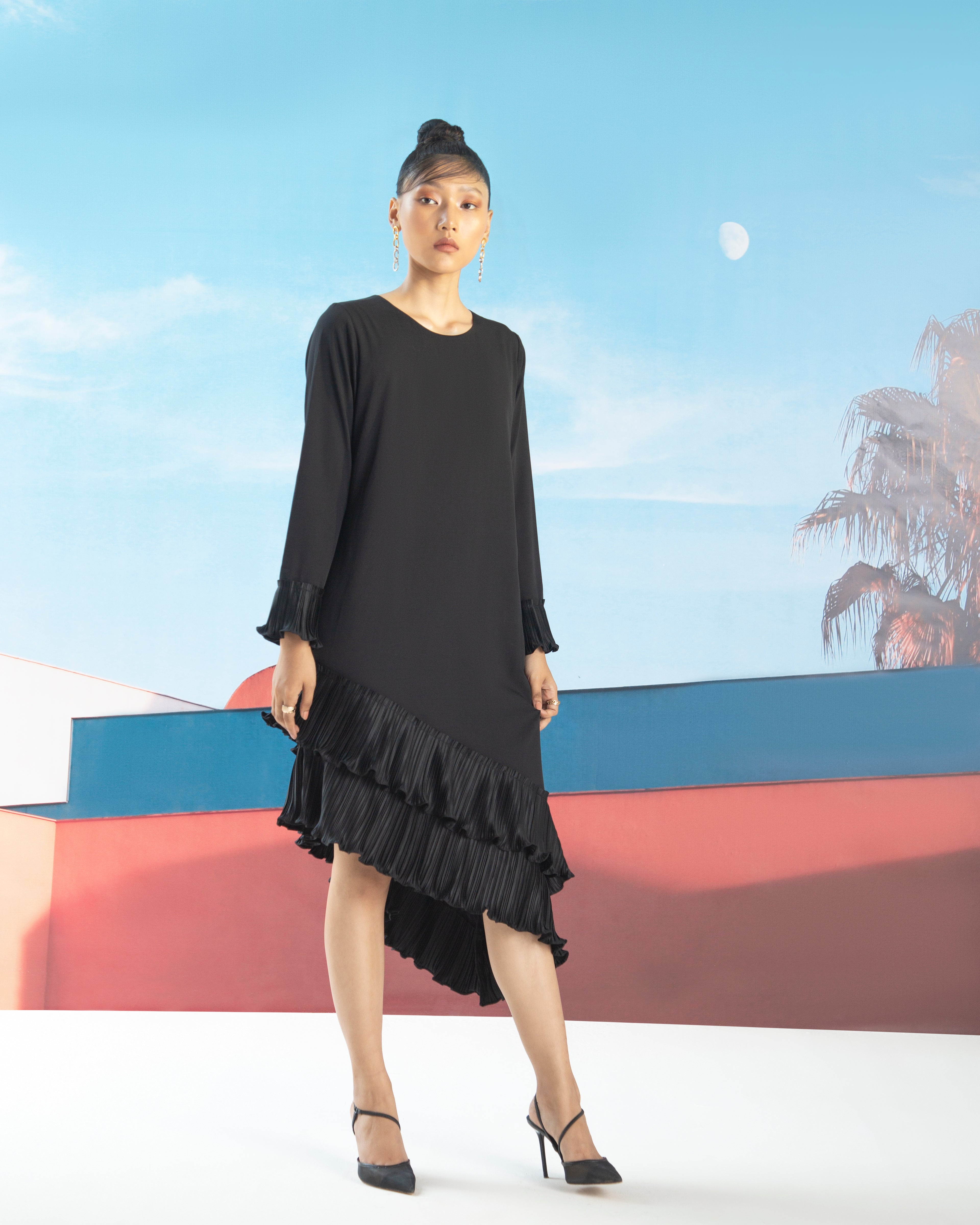 BLACK ANGLED PLEATED DRESS