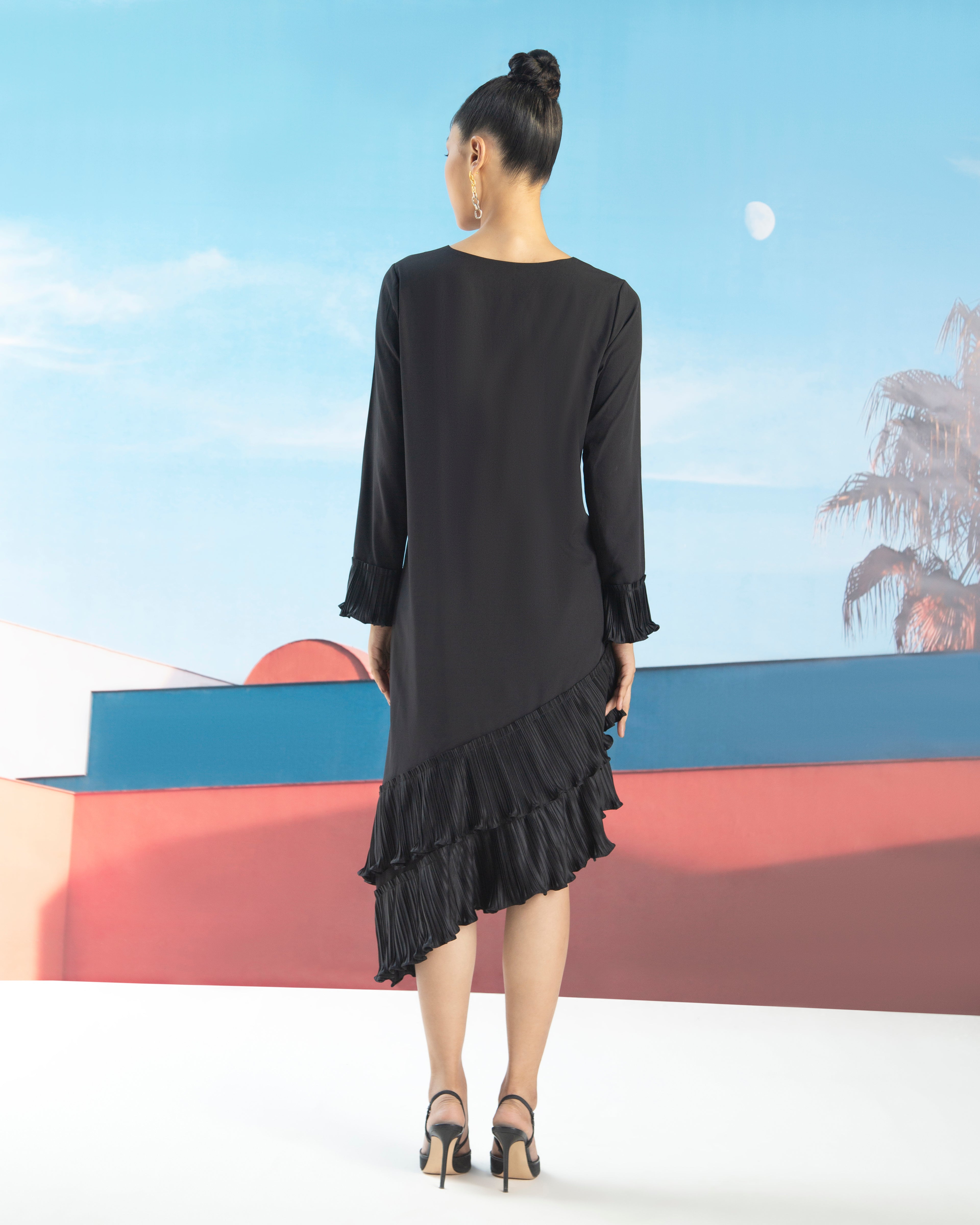 BLACK ANGLED PLEATED DRESS