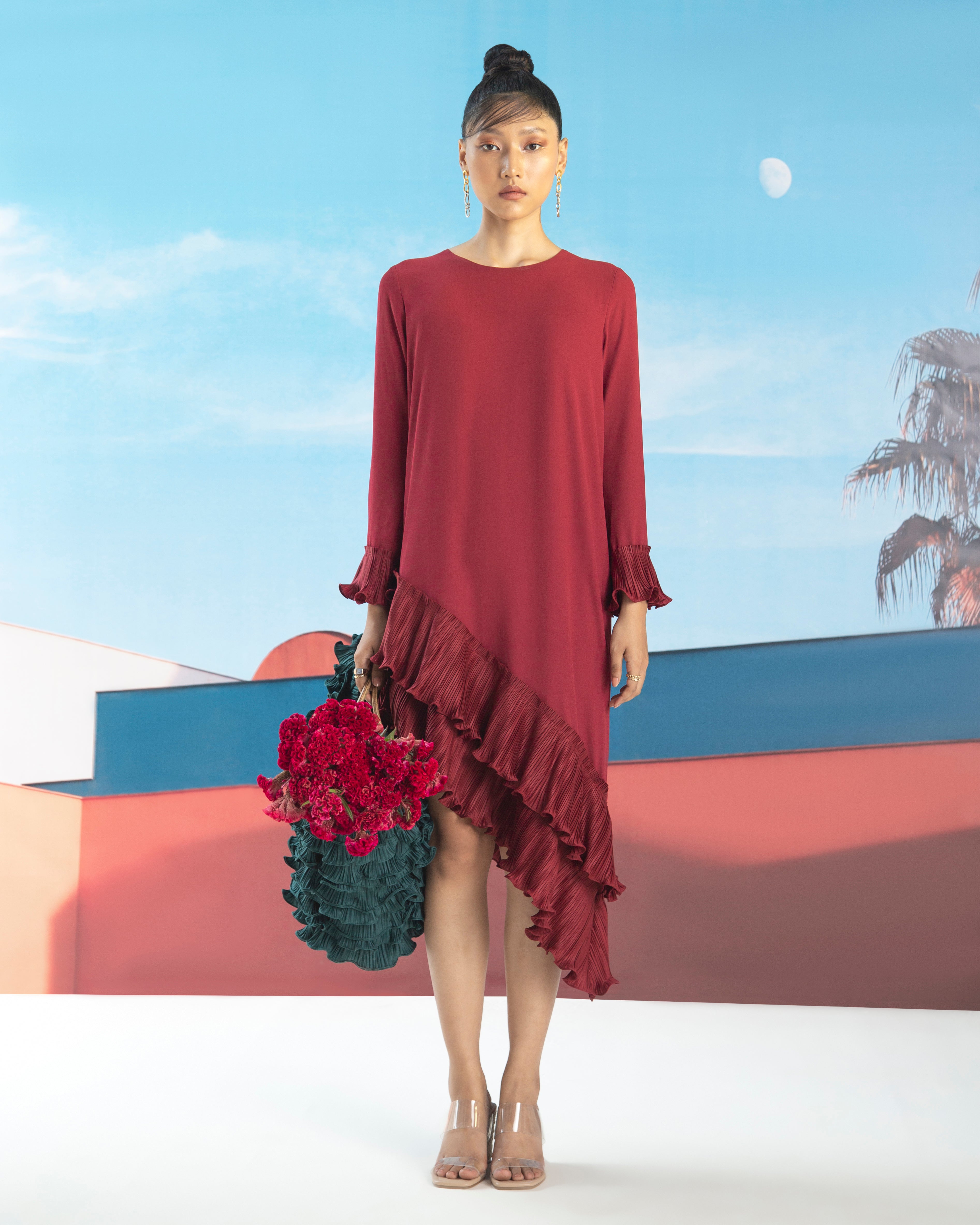 MAROON ANGLED PLEATED DRESS