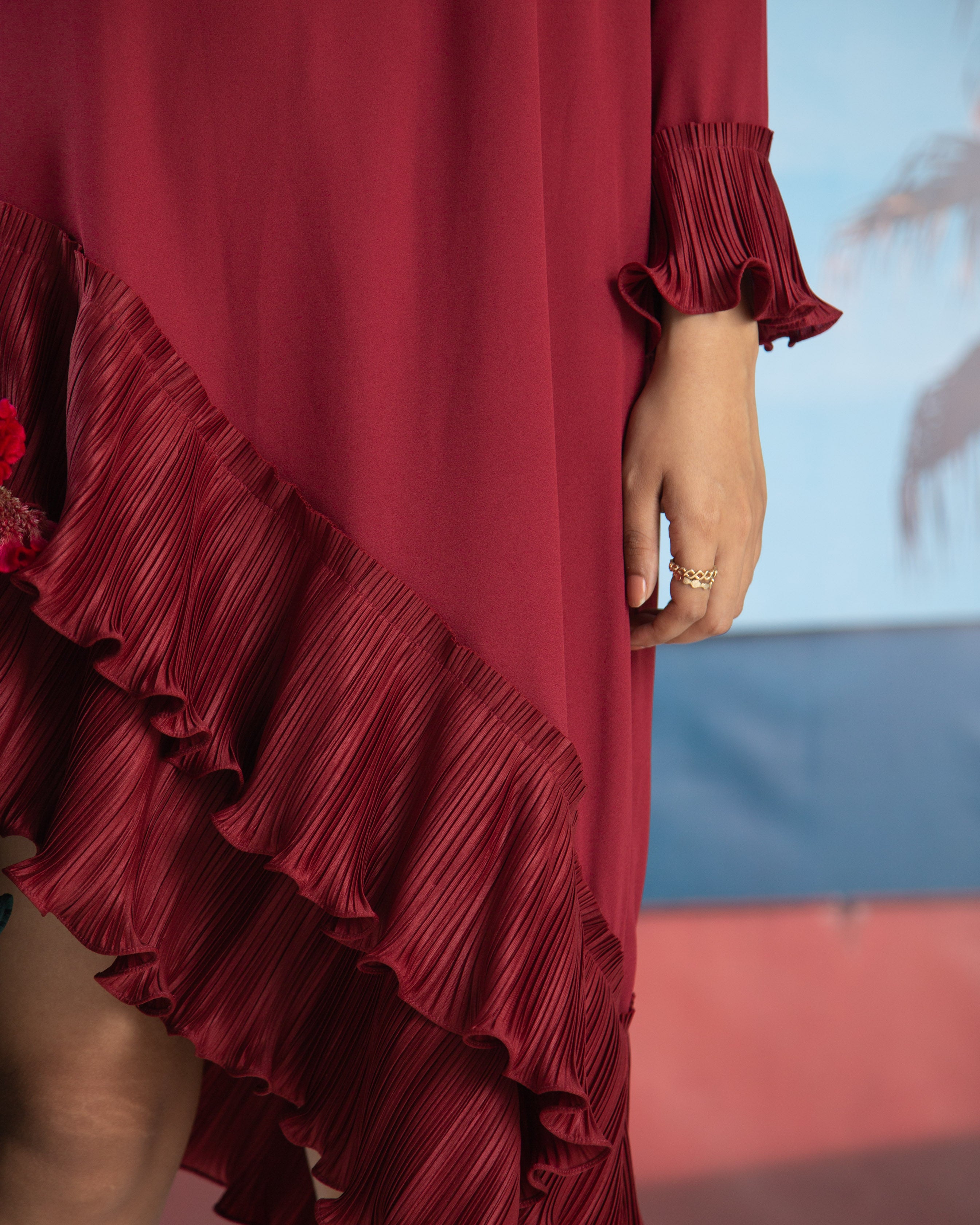 MAROON ANGLED PLEATED DRESS