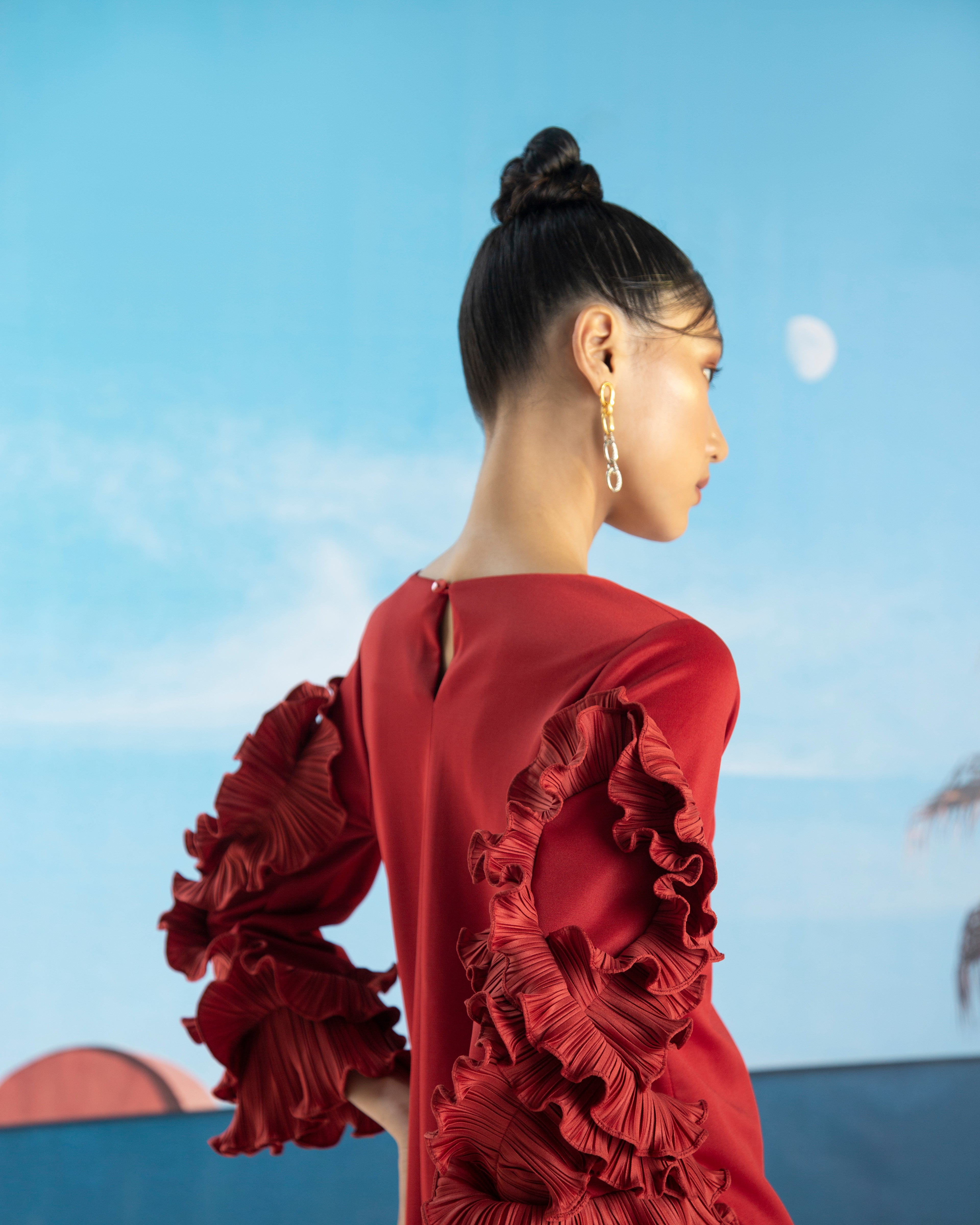 ORANGE FLOWER SLEEVES DRESS