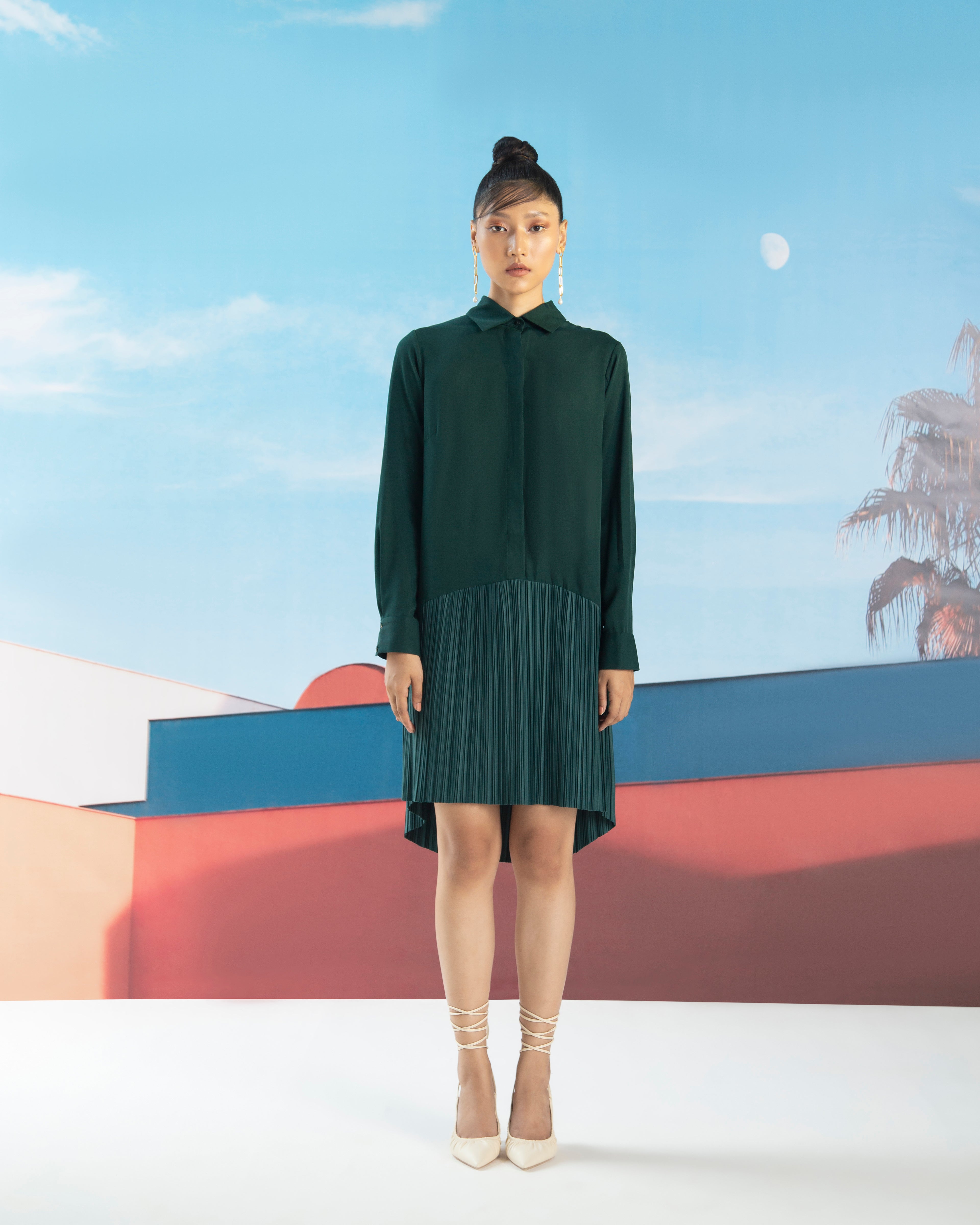 GREEN SHIRT PLEATS DRESS