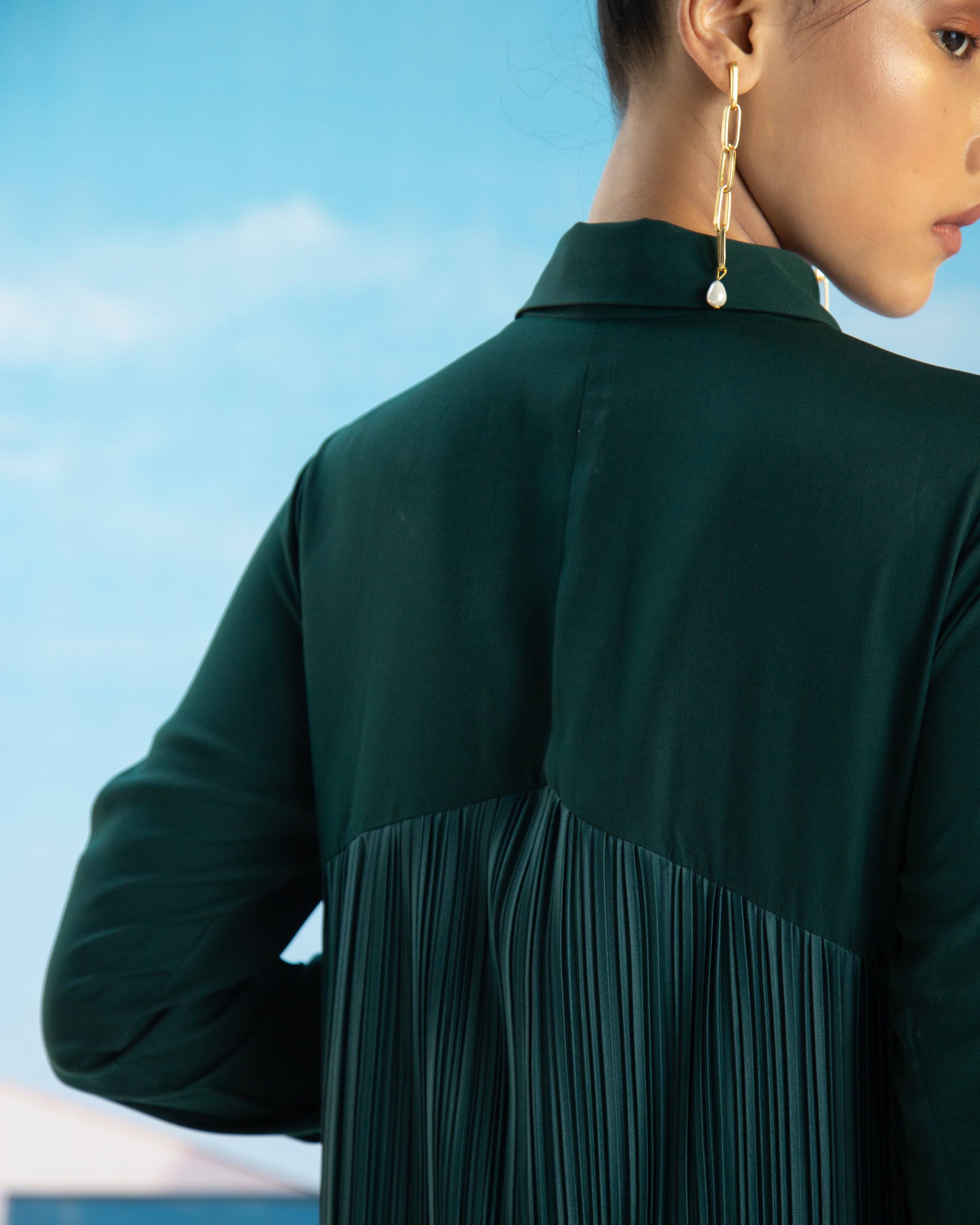GREEN SHIRT PLEATS DRESS