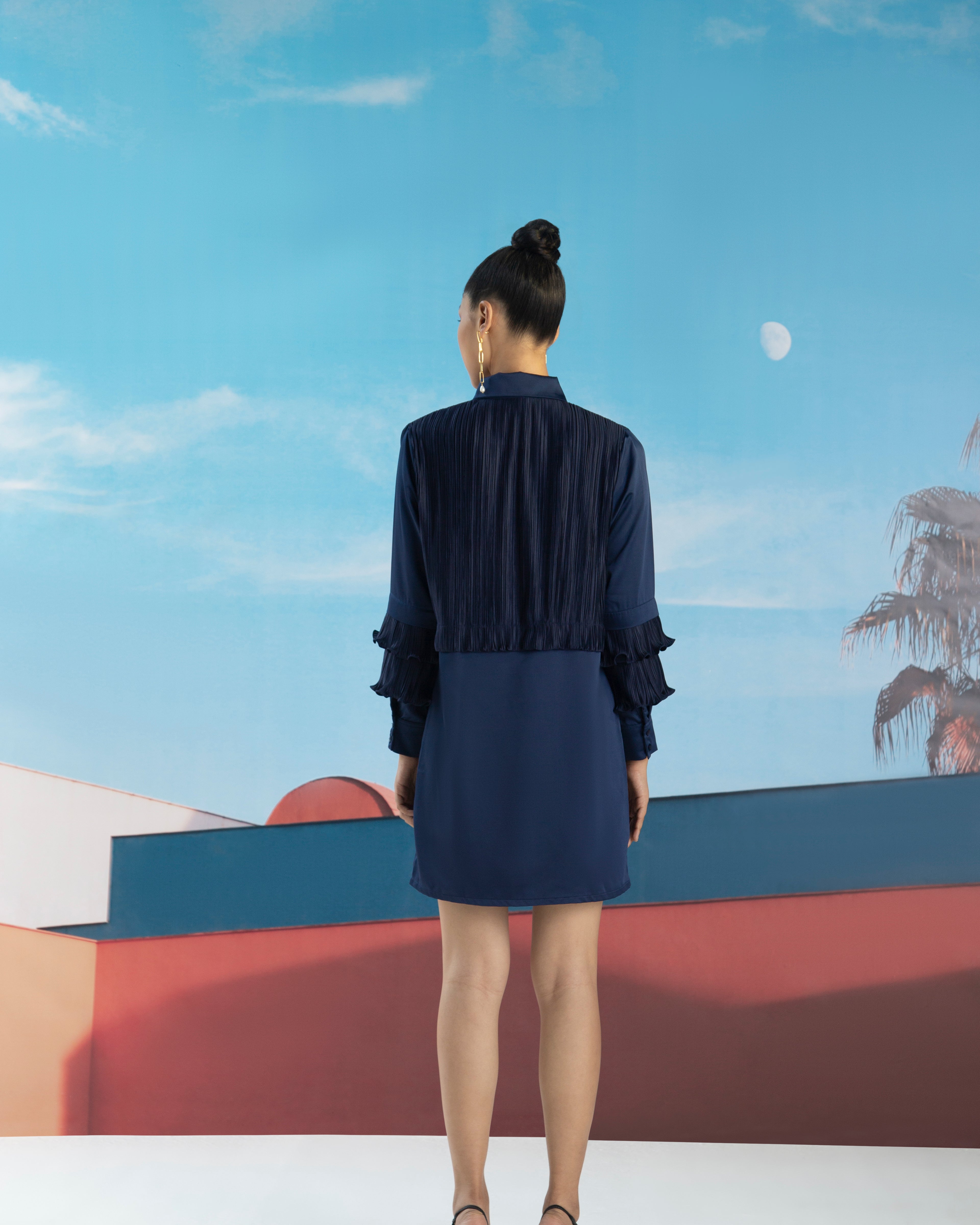 BLUE PLEATED FRONT DRESS