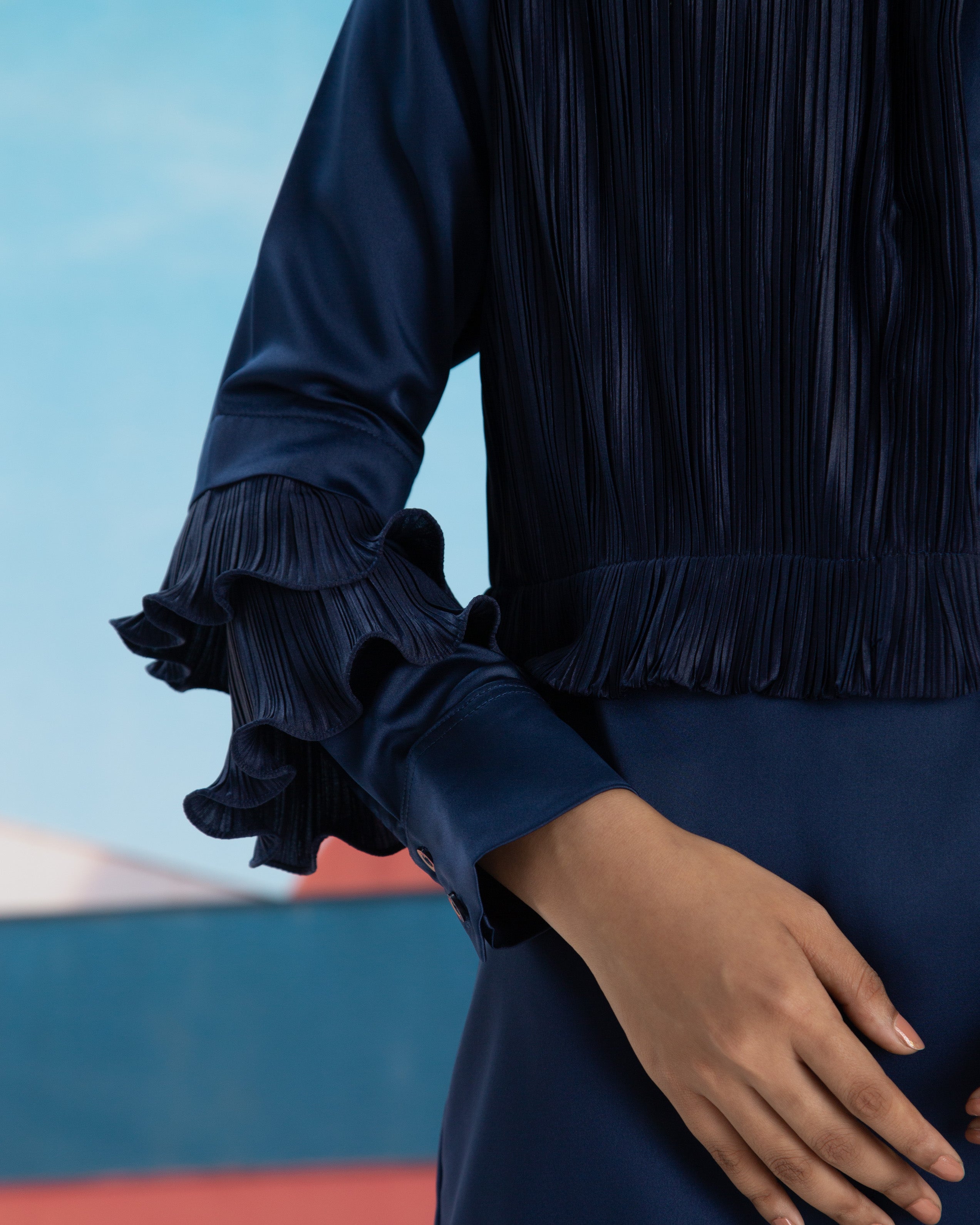 BLUE PLEATED FRONT DRESS