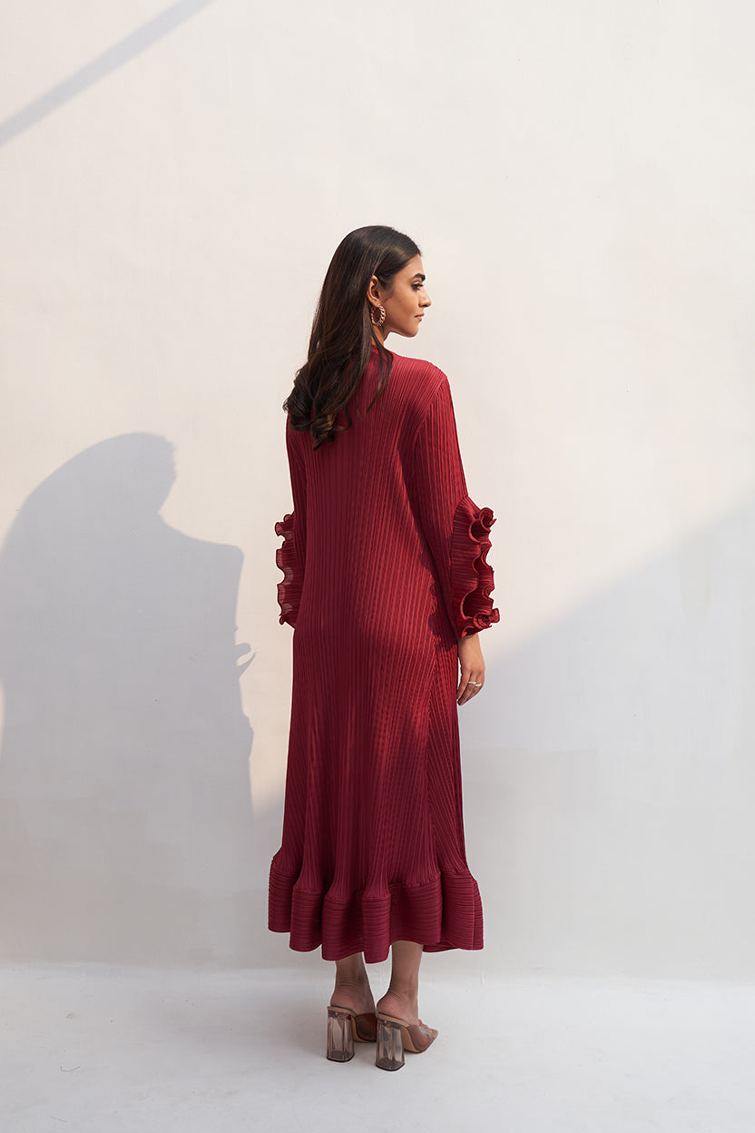 MAROON FRILL SLEEVES DRESS