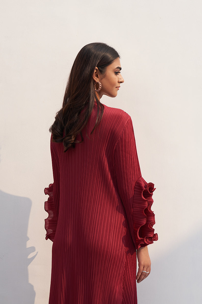 MAROON FRILL SLEEVES DRESS