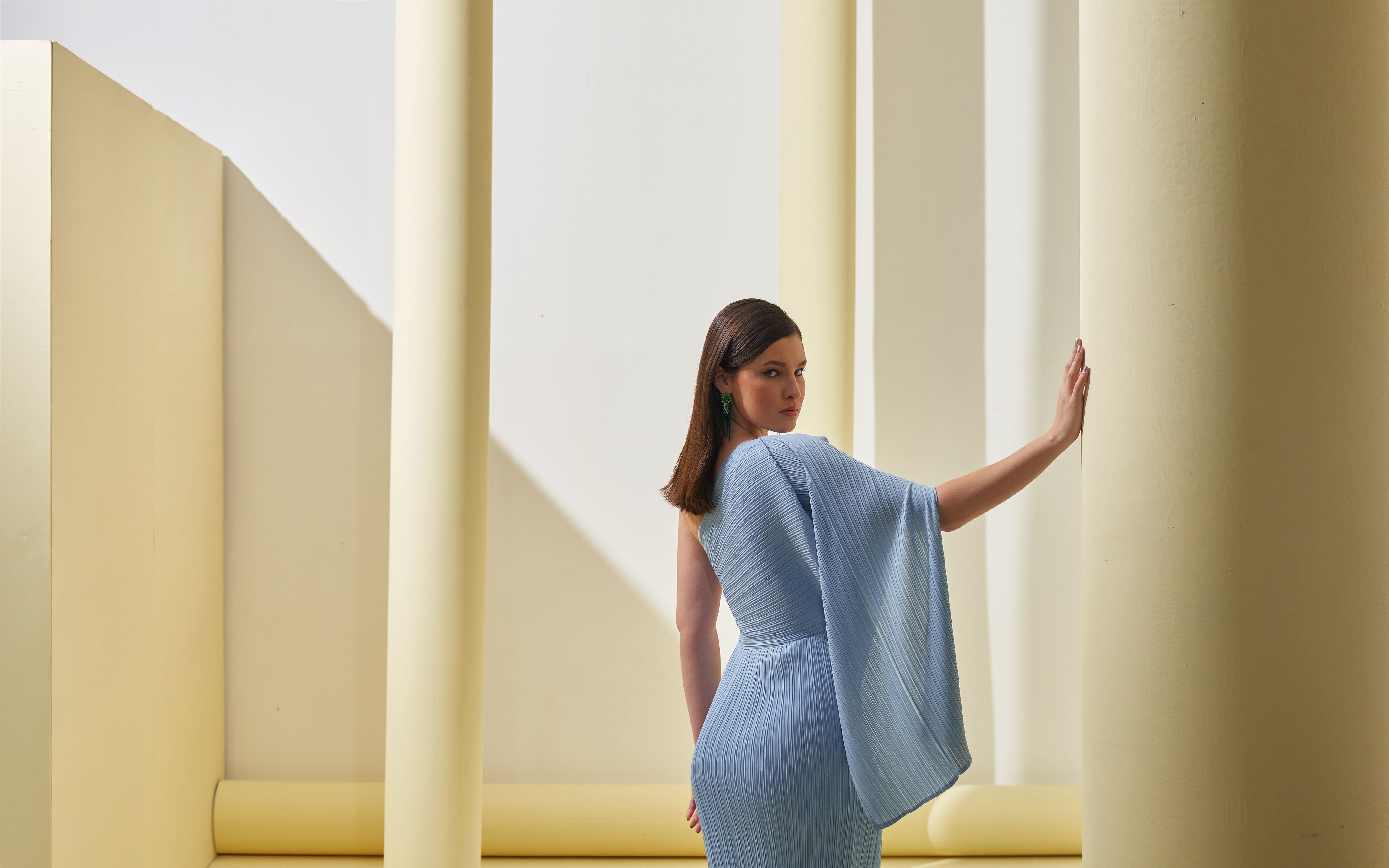 POWDER BLUE ONE SHOULDER DRAPE DRESS