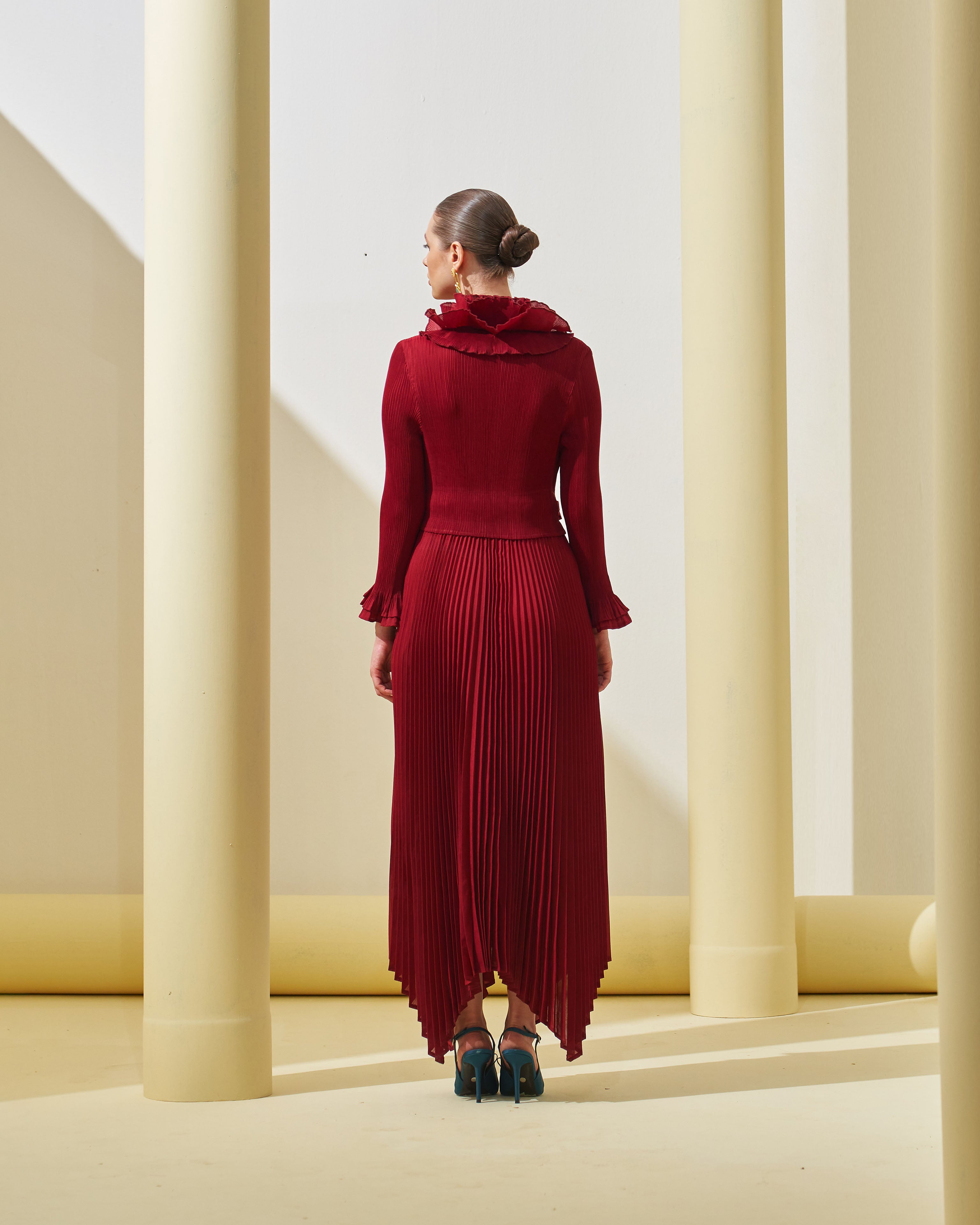 MAROON FRILL NECK DRESS