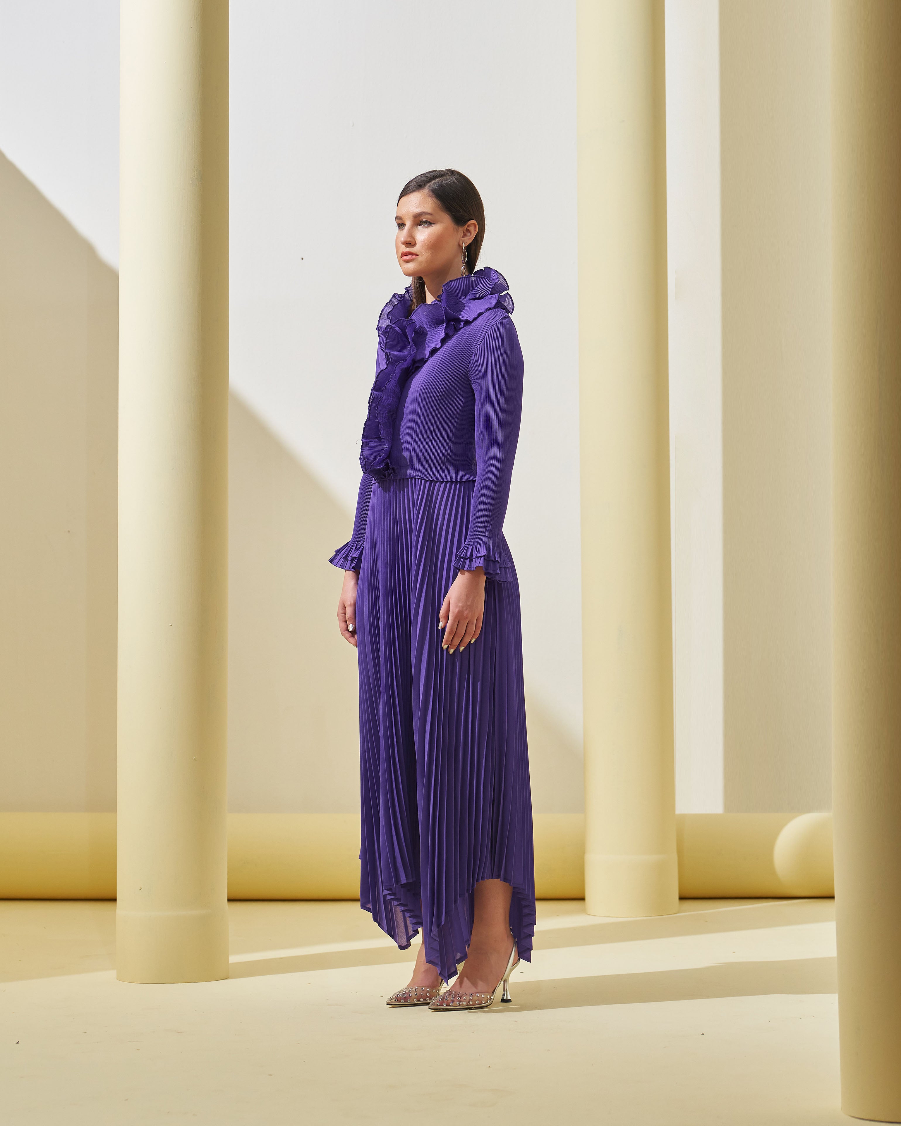 PURPLE FRILL NECK DRESS