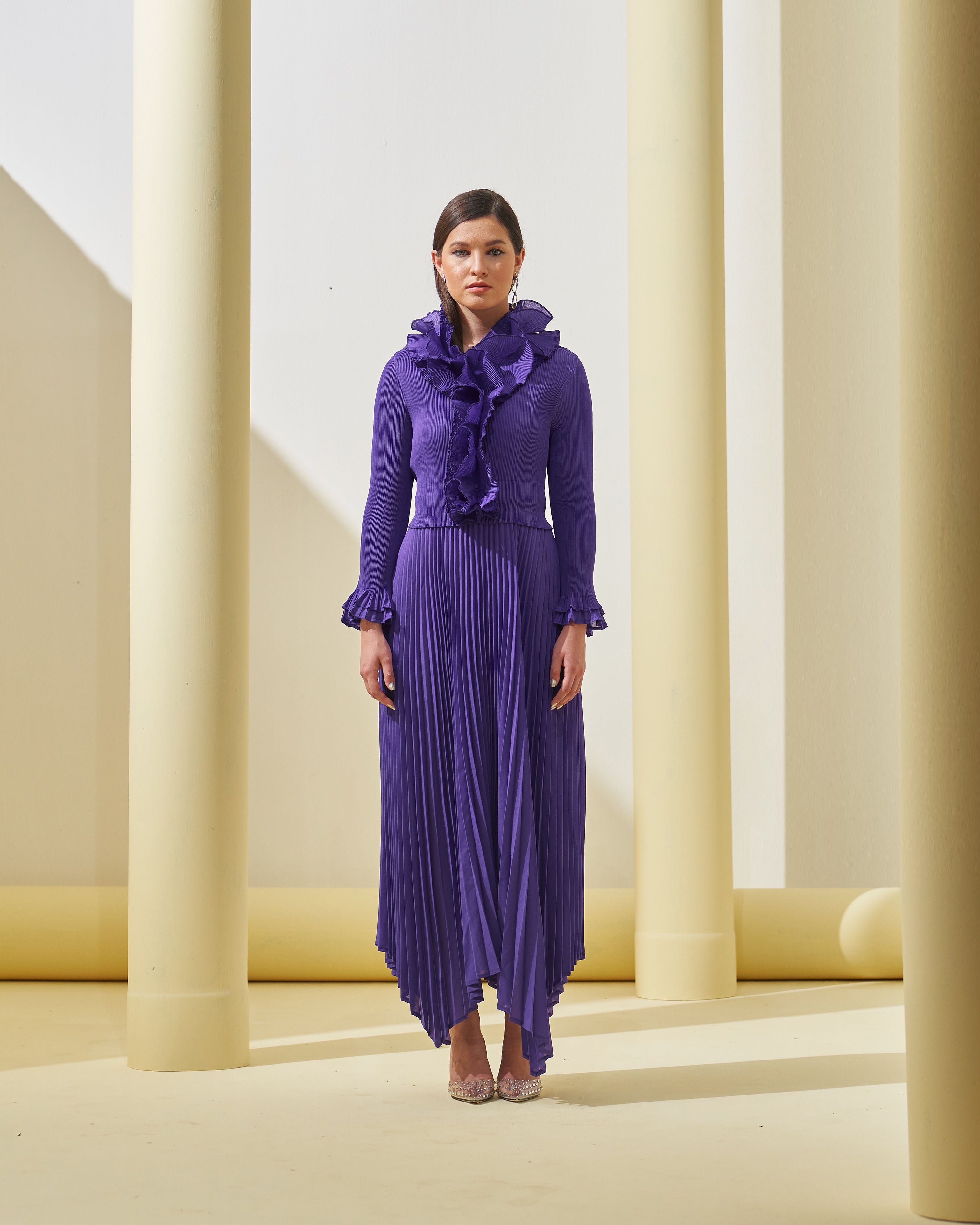 PURPLE FRILL NECK DRESS