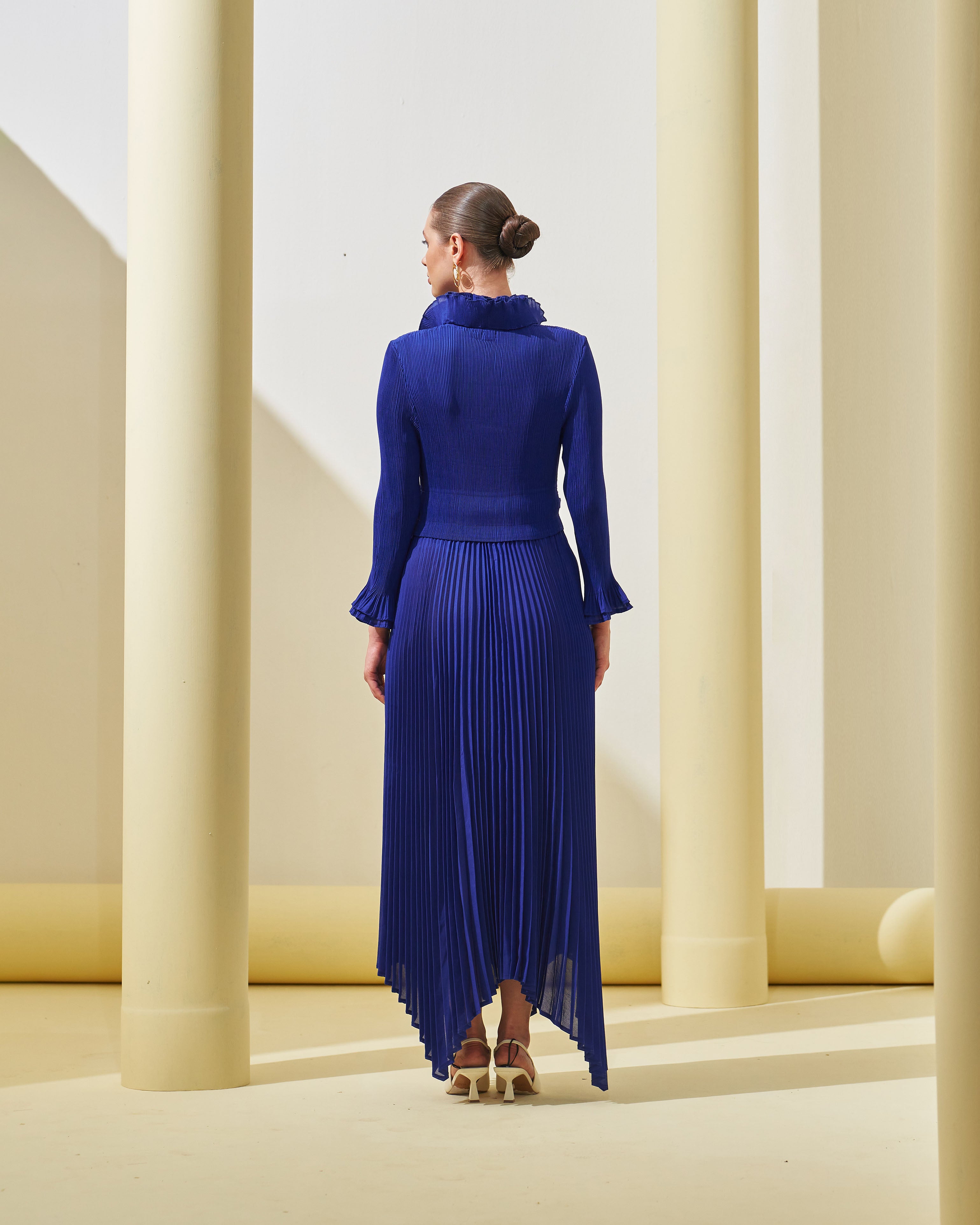 BLUE FRILL NECK DRESS