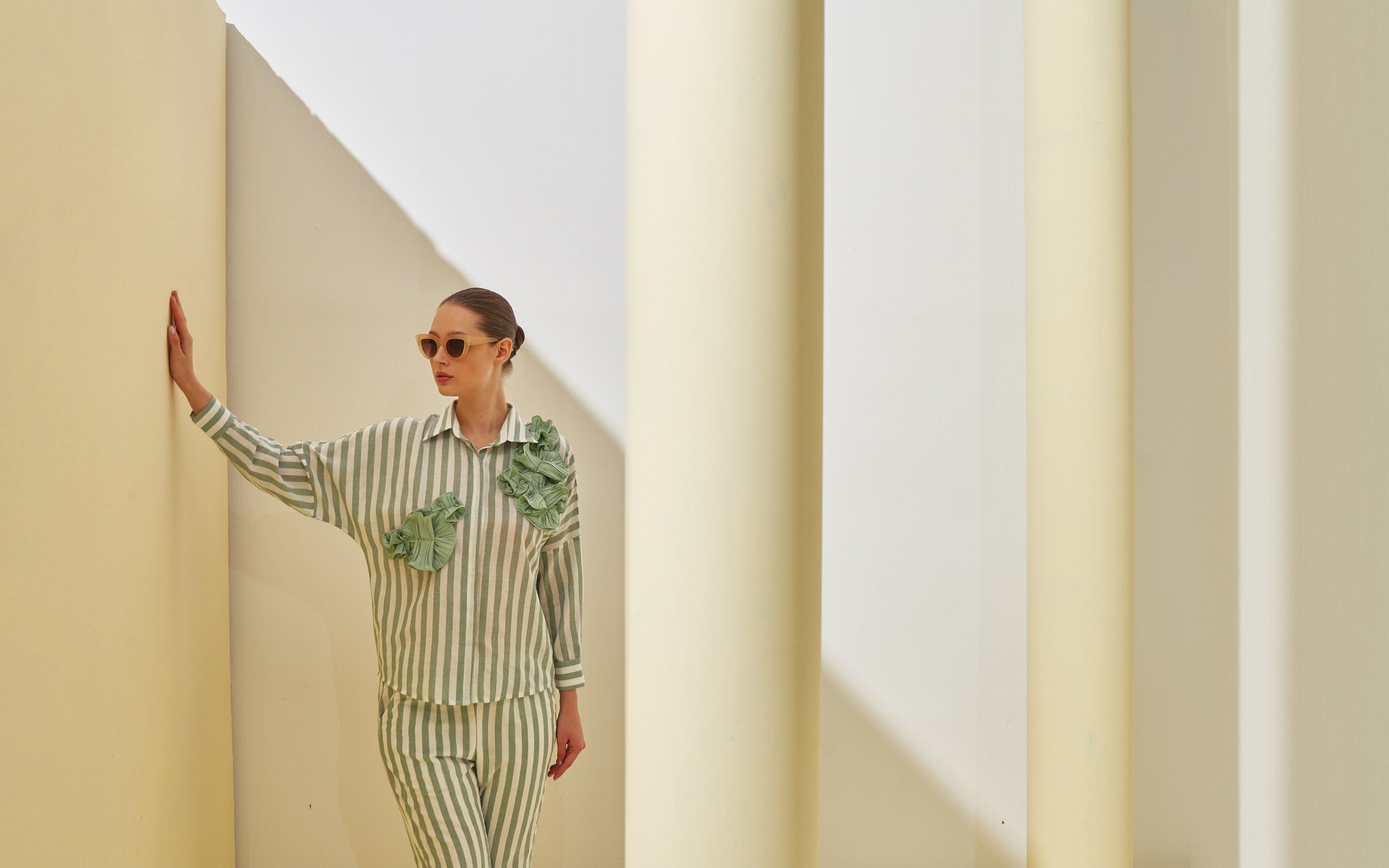 GREEN STRIPE FLOWER TOP & PANT SET