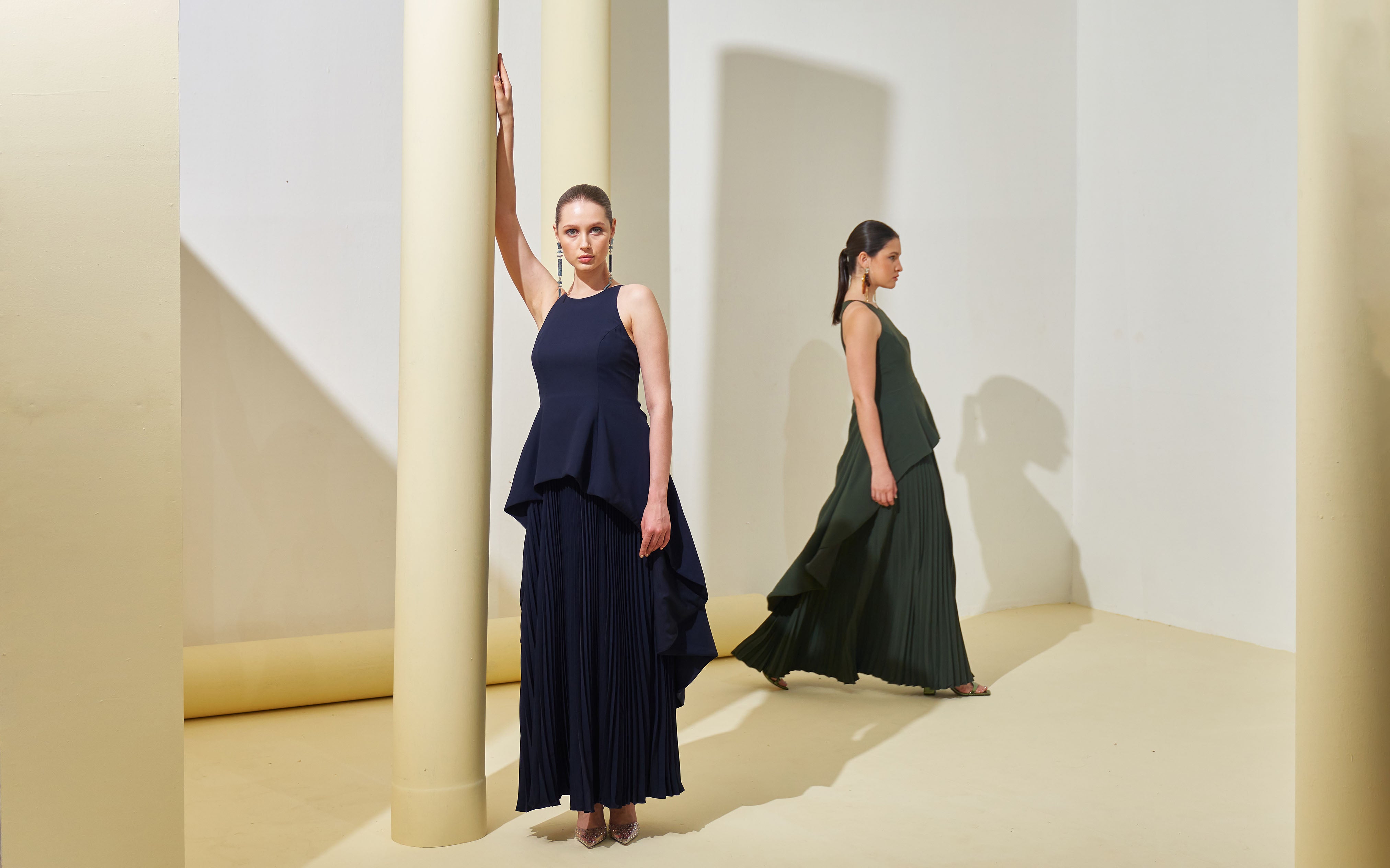 BLUE PEPLUM PLEATED GOWN