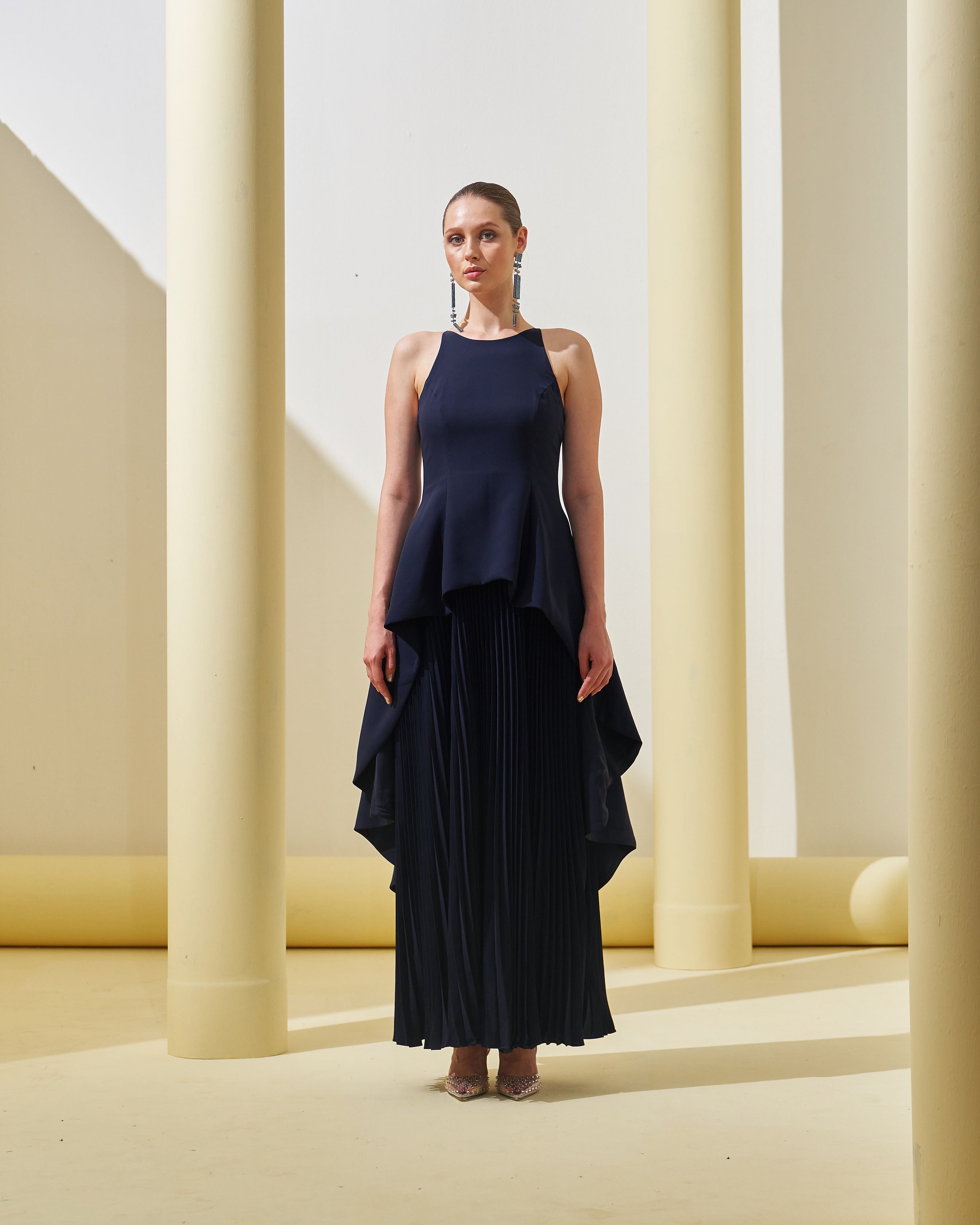 BLUE PEPLUM PLEATED GOWN