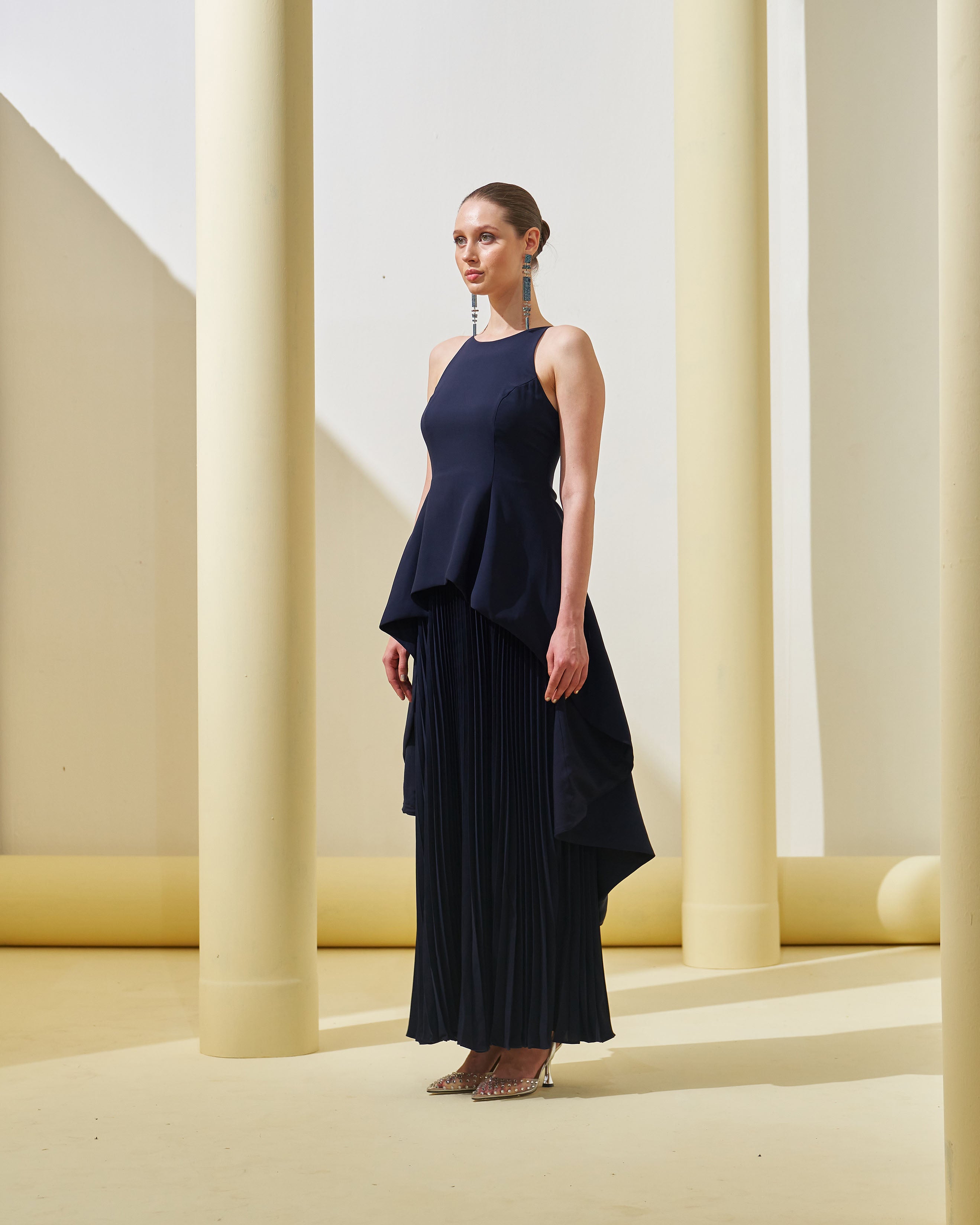 BLUE PEPLUM PLEATED GOWN