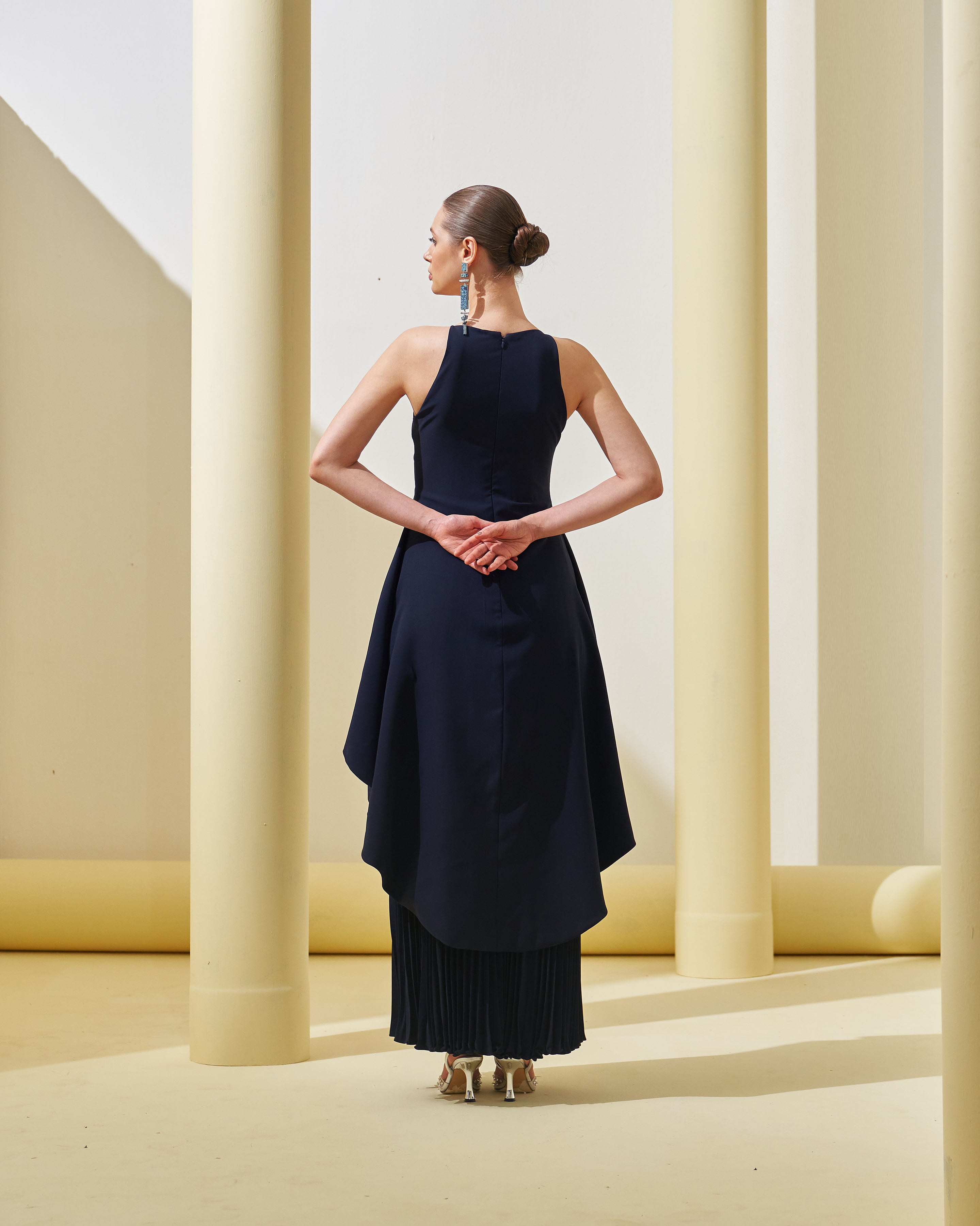 BLUE PEPLUM PLEATED GOWN