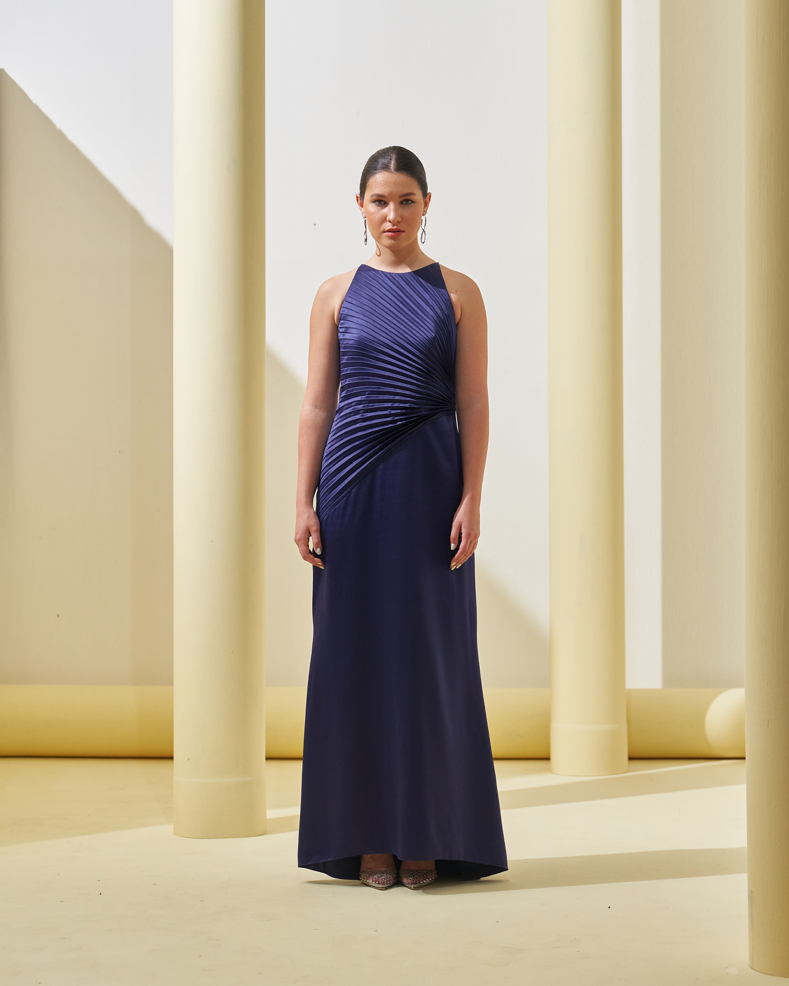 BLUE PLEATED DRAPE GOWN