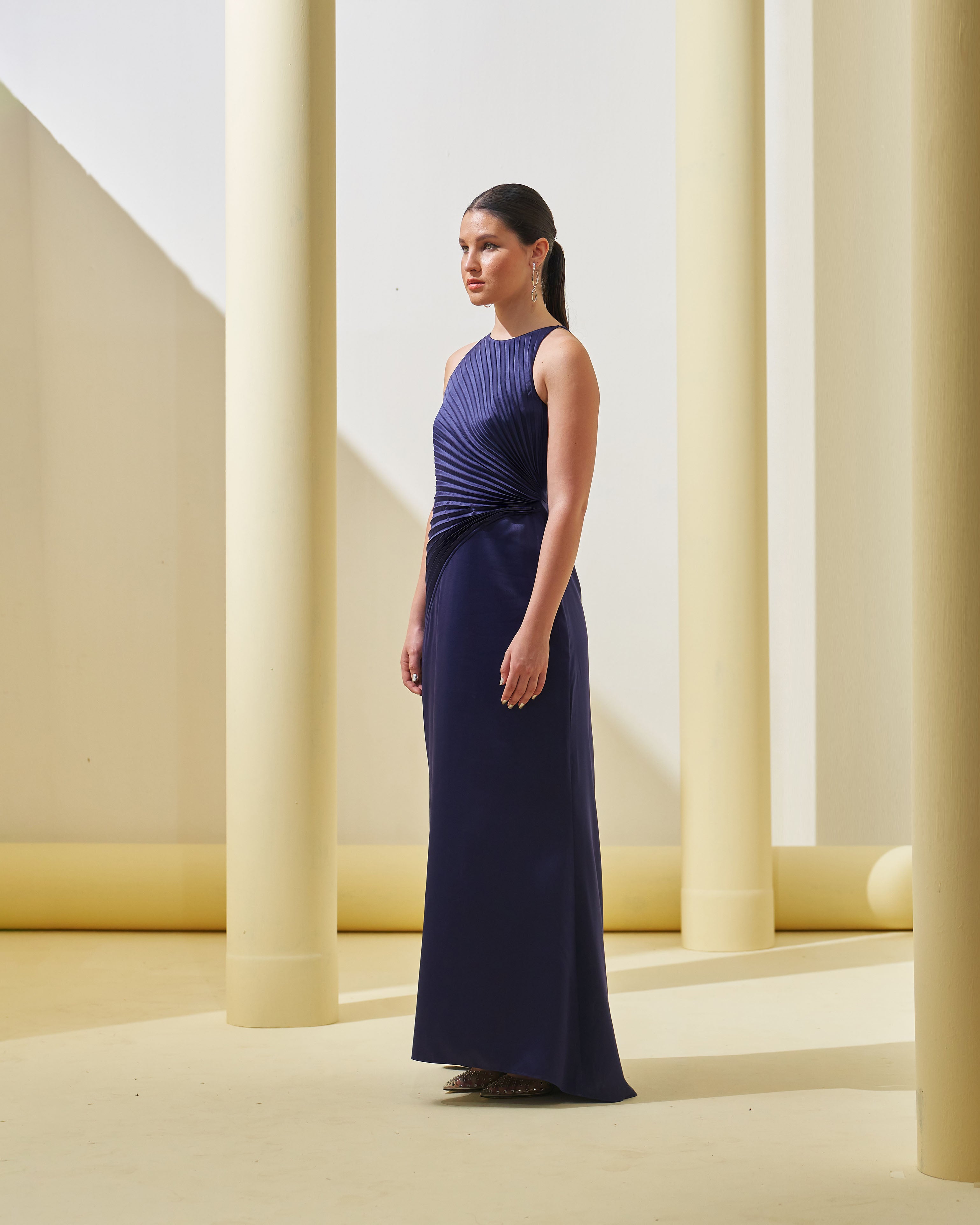 BLUE PLEATED DRAPE GOWN