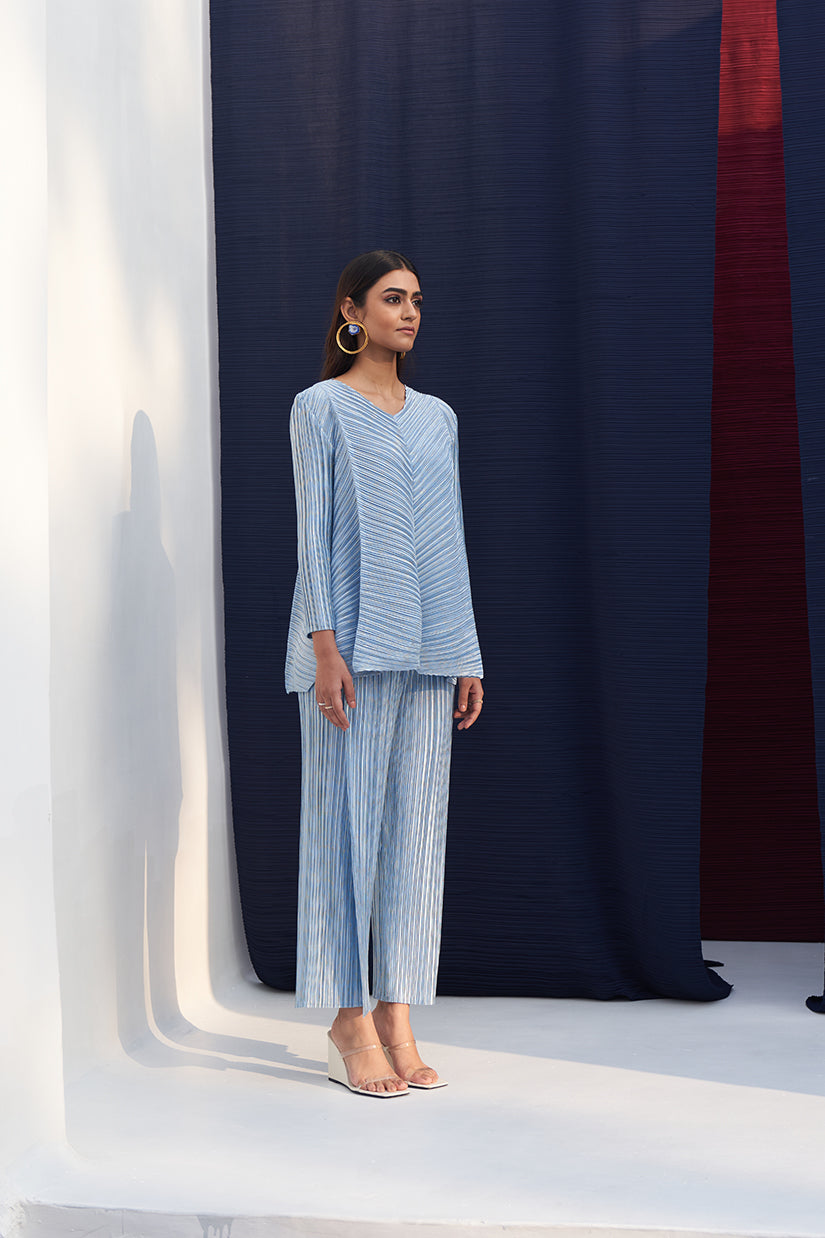 POWDER BLUE METALLIC V NECK COORD SET