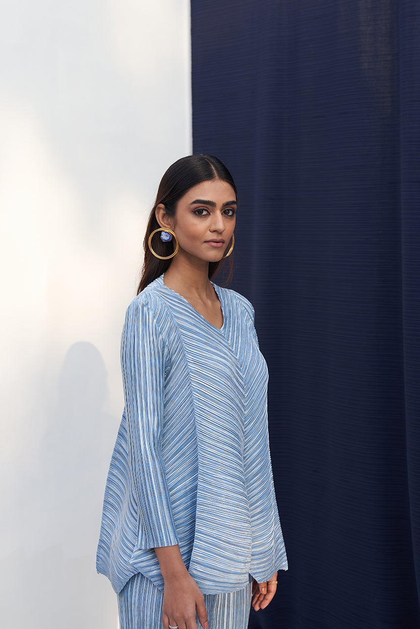 POWDER BLUE METALLIC V NECK COORD SET