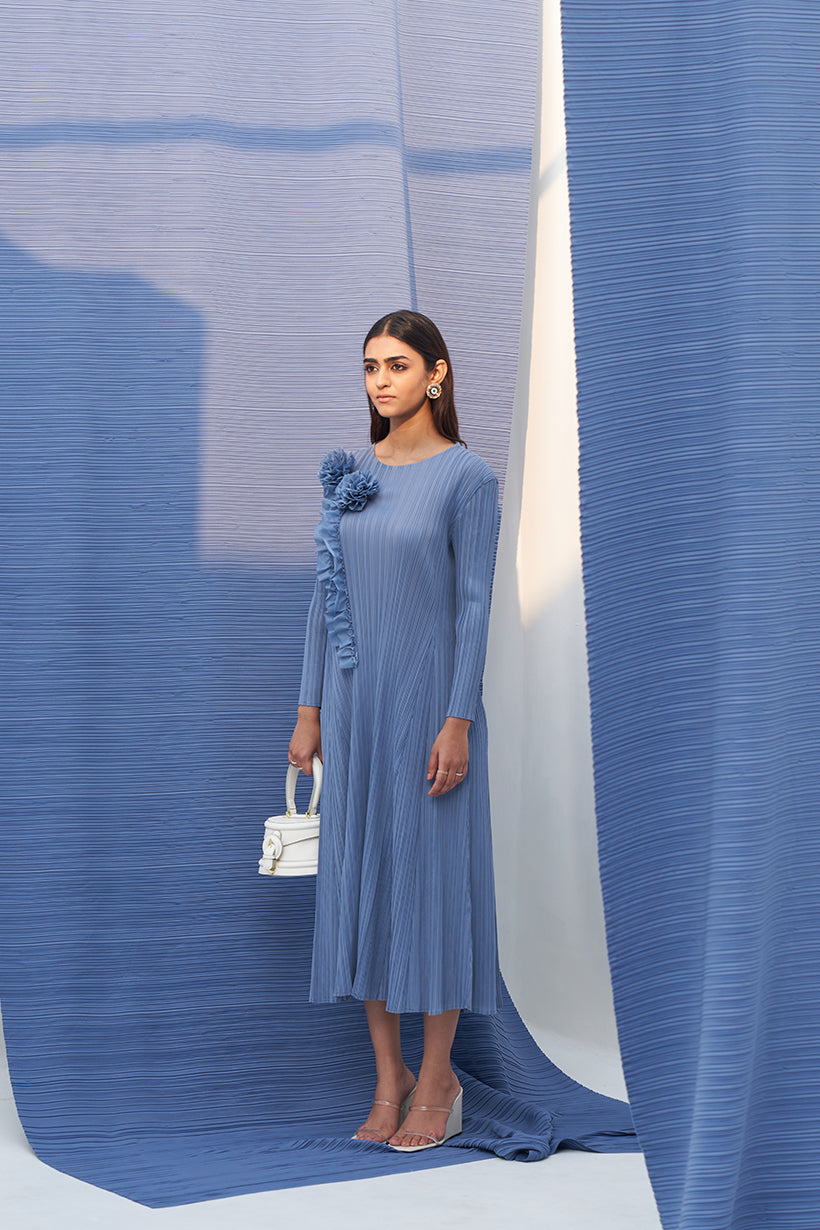 GREY FLOWER EMBELLISHED PLEATED MIDI DRESS