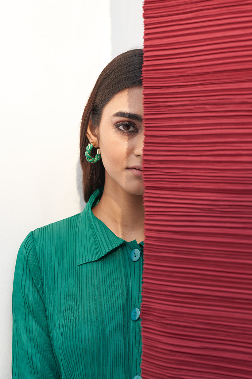 DARK GREEN FRENCH PLEATED COORD SET